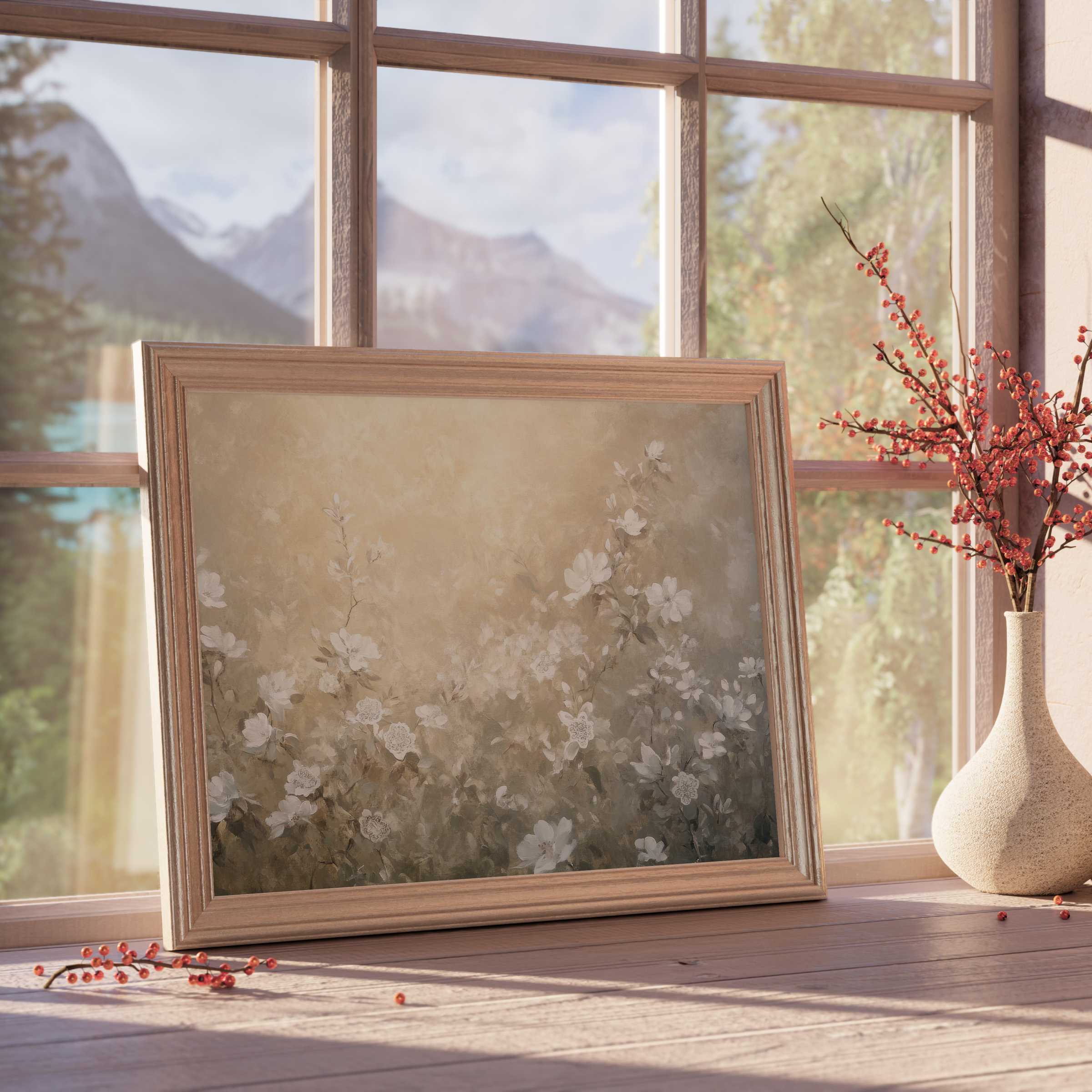 Botanical downloadable art with soft white blossoms in warm taupe hues, elevating serene, curated interiors with timeless elegance