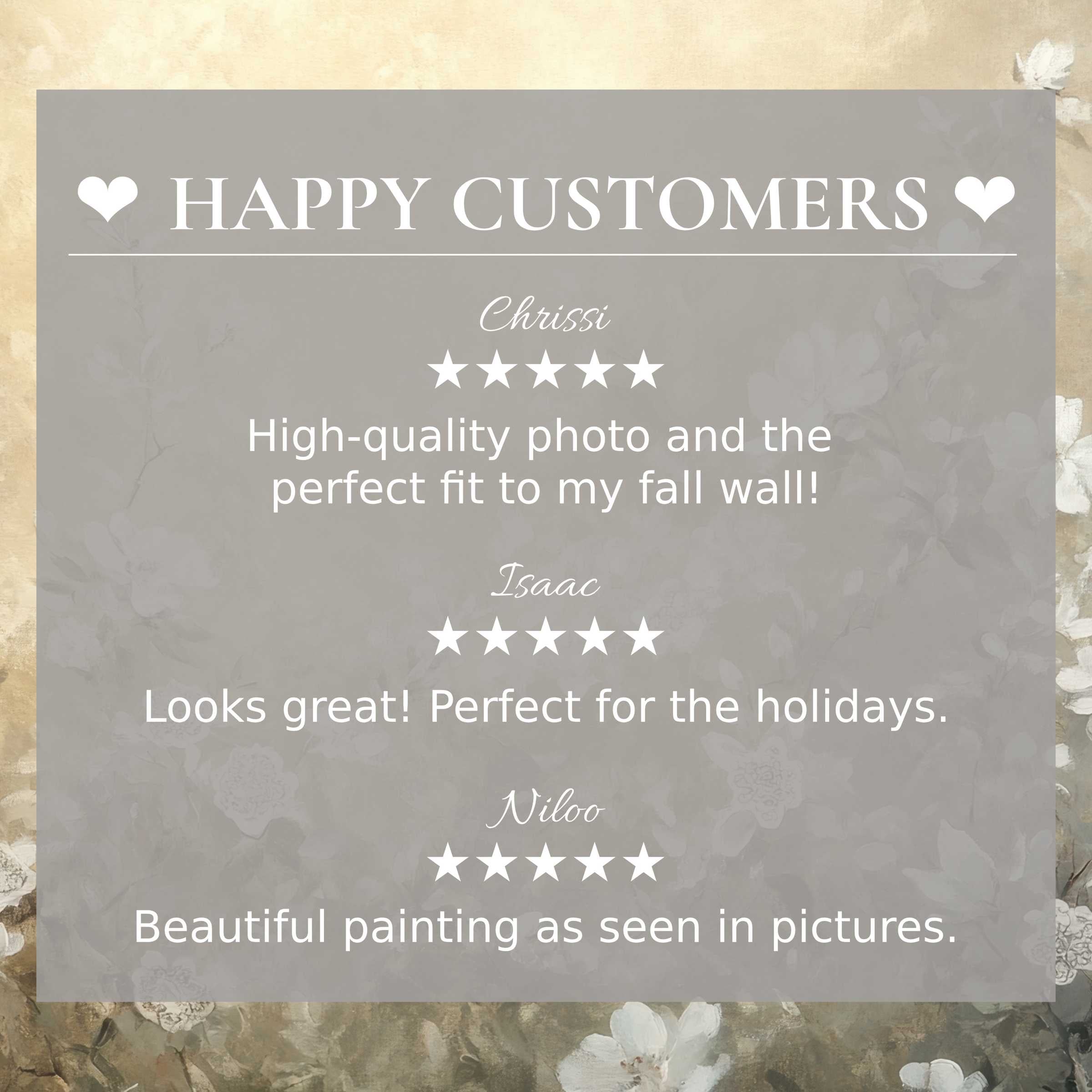 Elegant botanical art for Frame TV with subtle floral background, showcasing happy customer reviews and refined trust