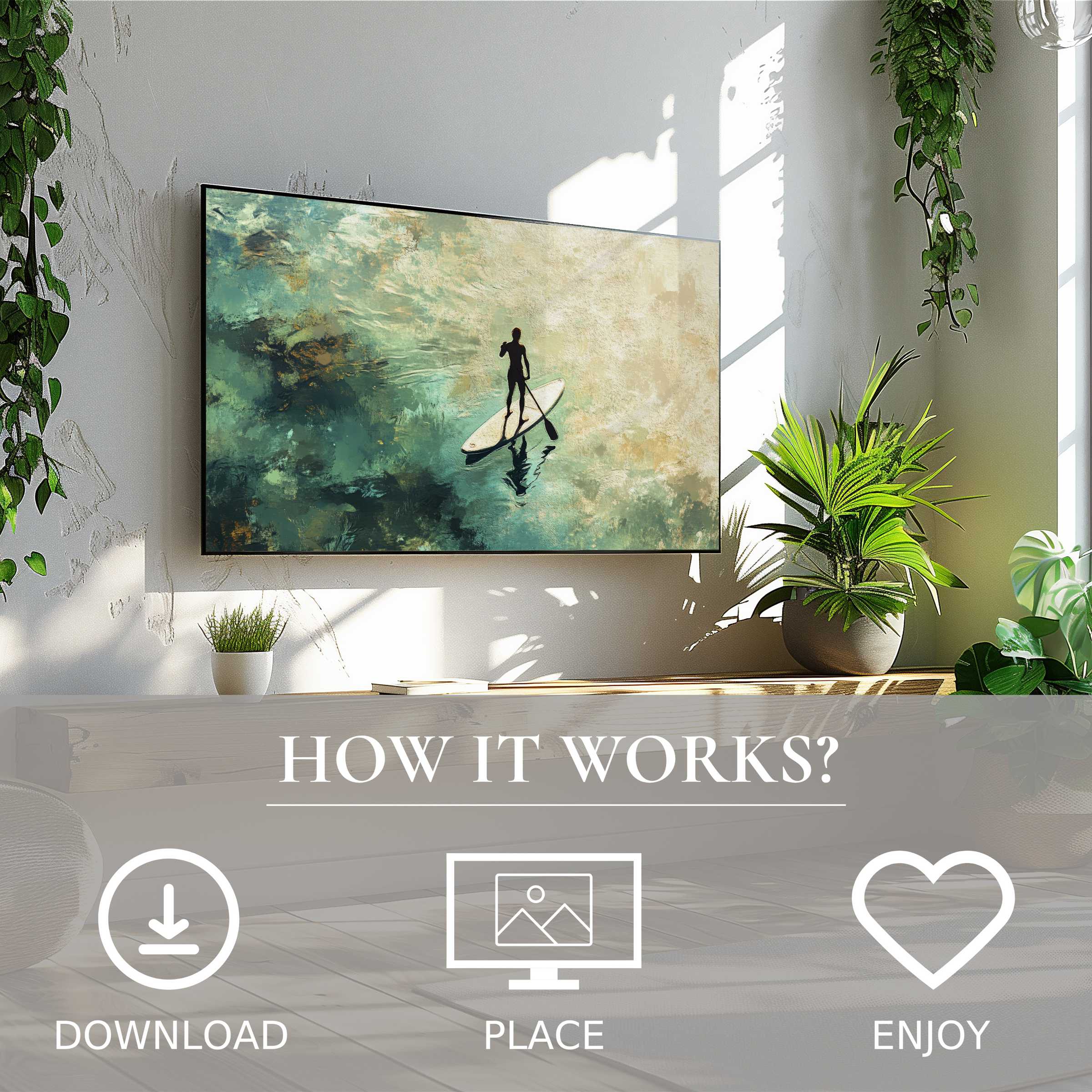 Light-filled room with beach art for Samsung TV, featuring abstract ocean waves and paddleboarder; easy digital download