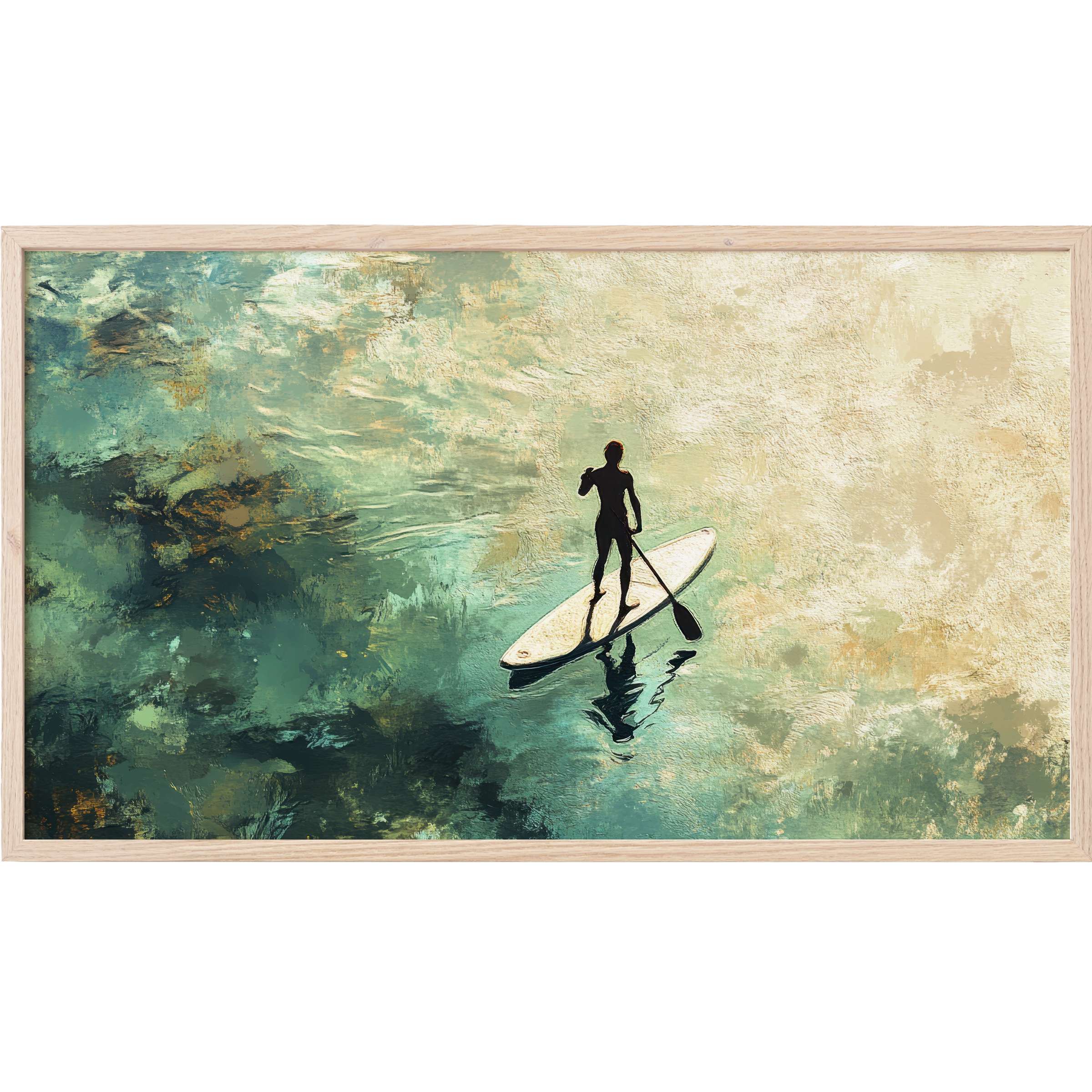 Serene paddleboarder glides over teal and sandy textures in this elegant beach Frame TV Art for refined spaces