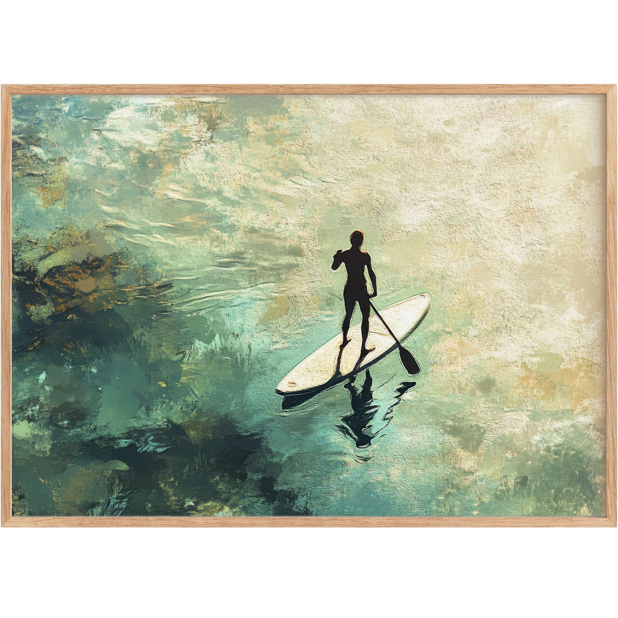 Serene beach printable wall art capturing a lone paddleboarder in soft teal and sandy gold hues, evoking tranquil coastal elegance