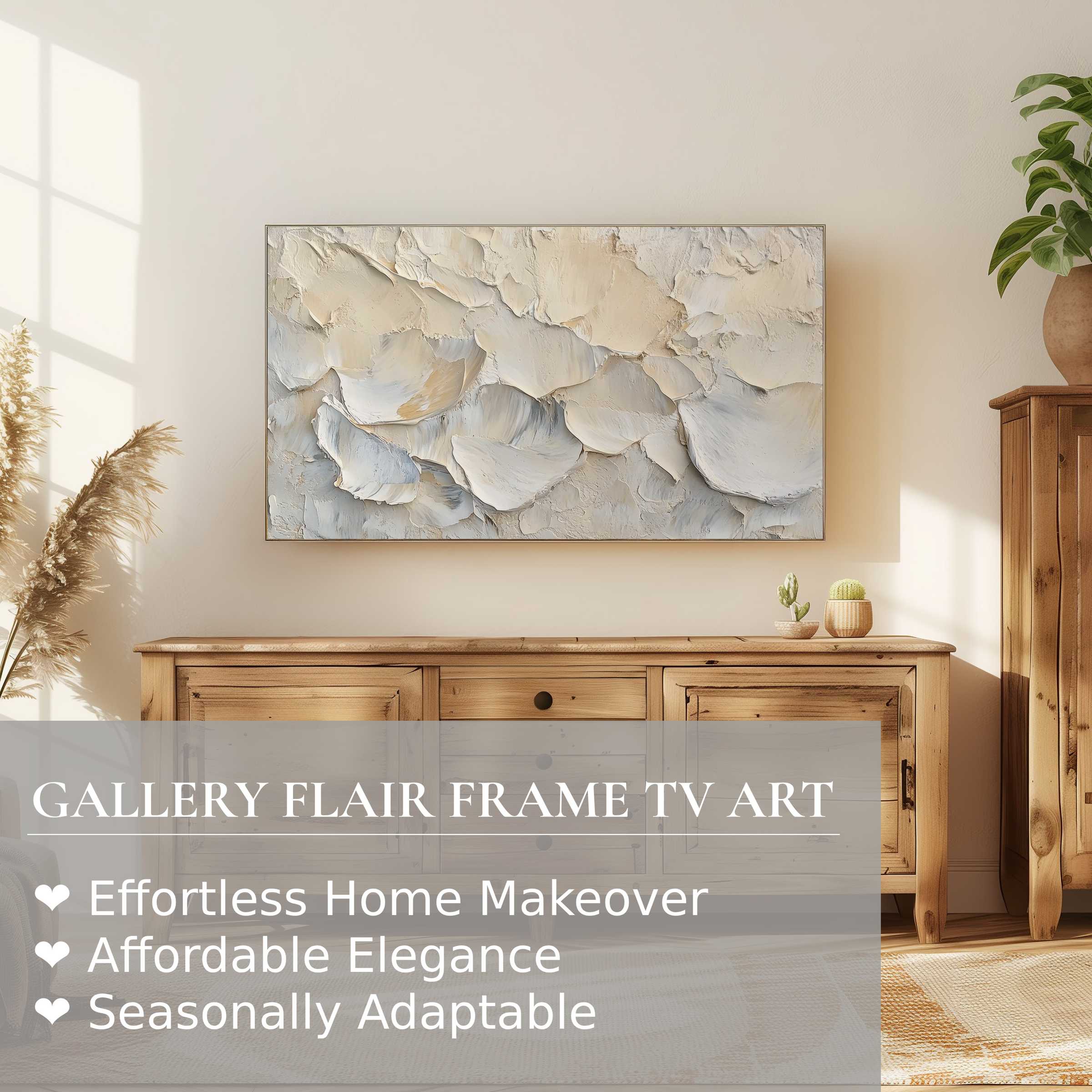 Elegant Samsung Frame TV showcasing coastal digital artwork in a serene, modern living space with natural wood tones