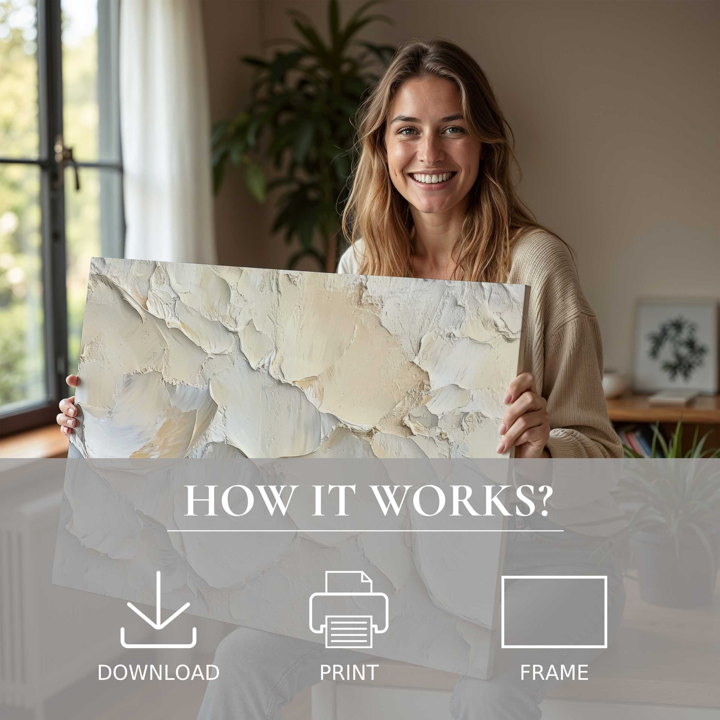A joyful woman in a light-filled modern home embraces a coastal digital art print, inviting calm and effortless elegance