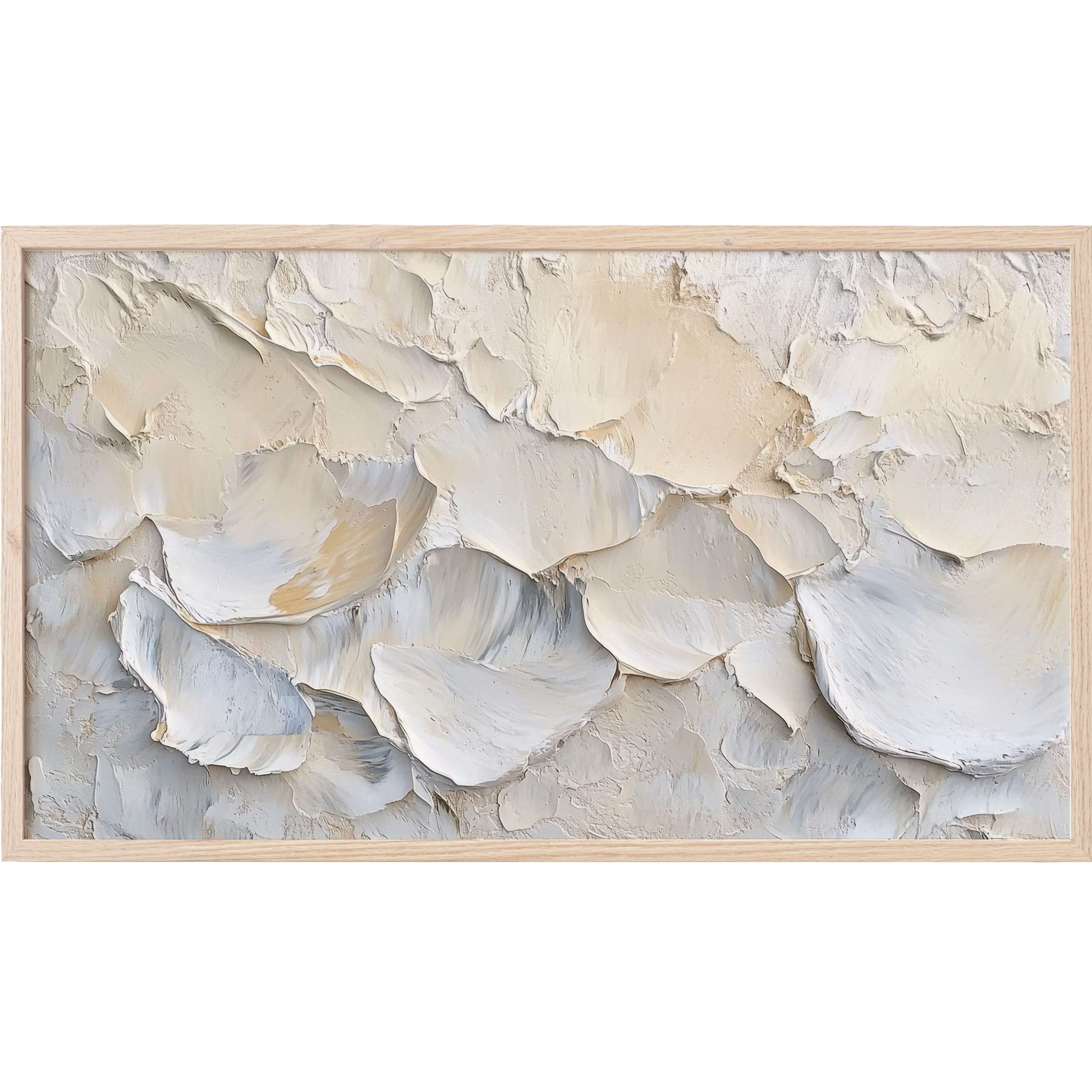 Textured neutral shell-inspired abstract in soft creams and grays, elegant coastal Frame TV Art for refined decor