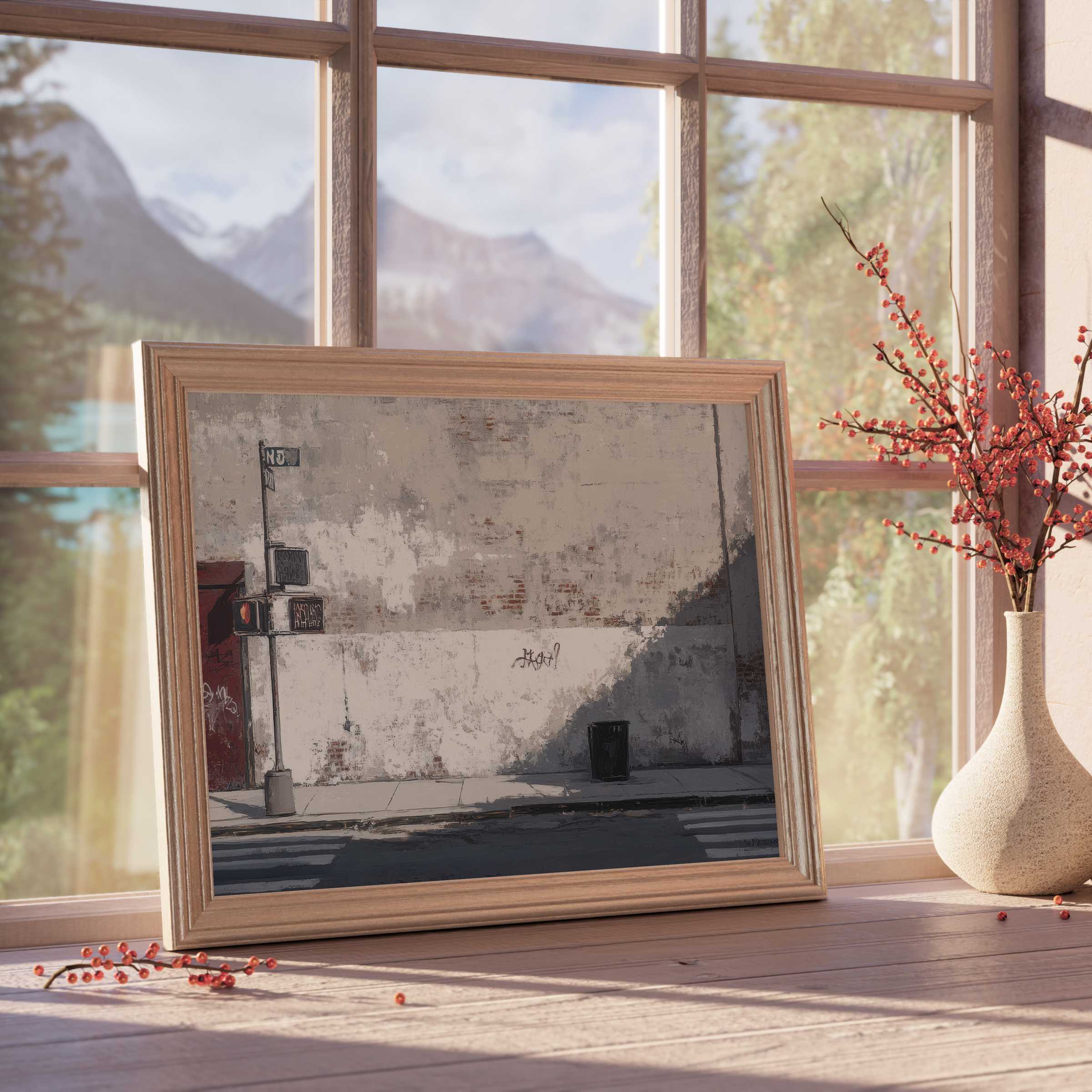 Urban downloadable art capturing serene city solitude, framed to elevate curated, tranquil interiors with minimalist charm