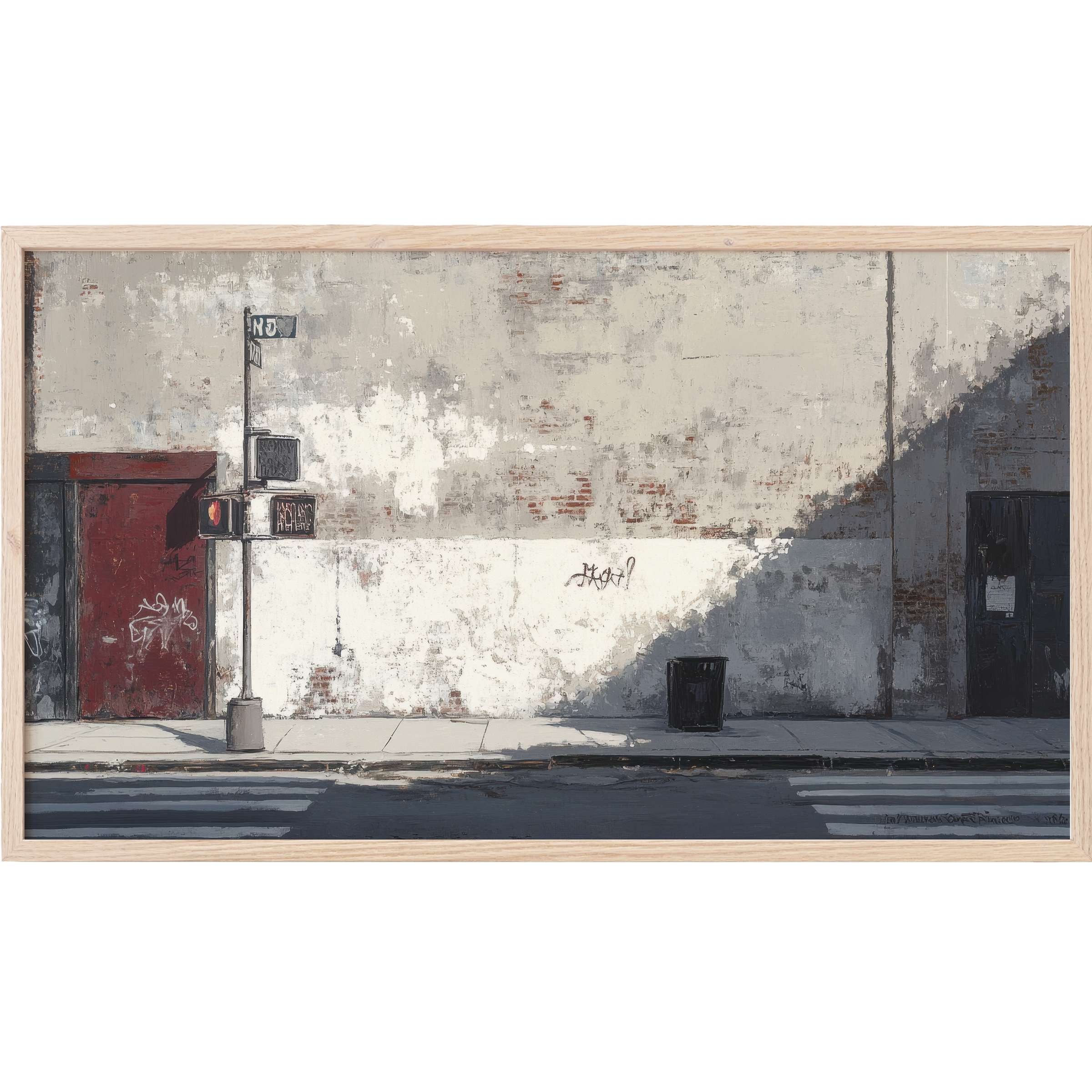 Urban Frame TV Art depicting a minimalist city street scene in muted grays, whites, and warm reds with textured detail