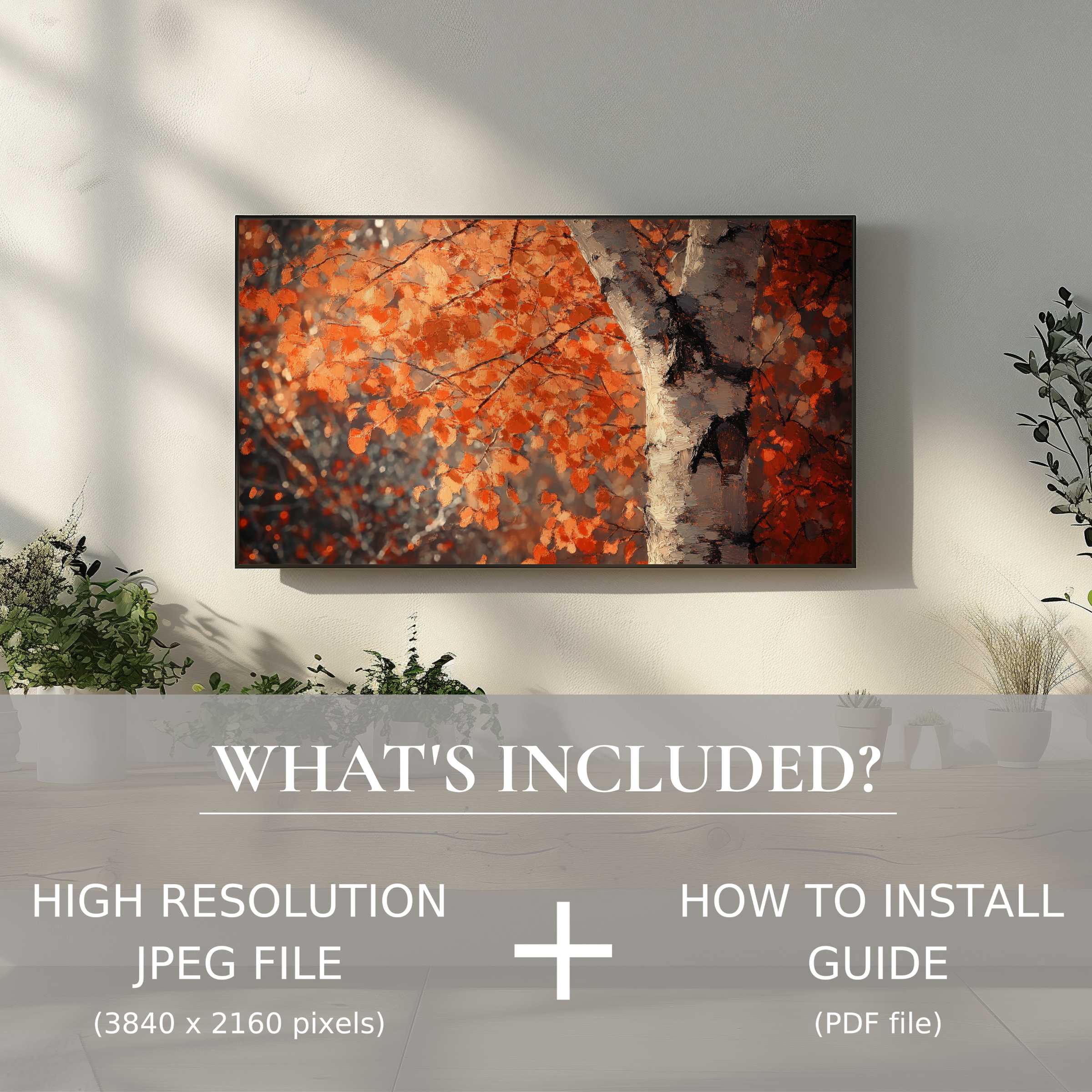 Elegant tree digital TV art download enhances your living space with vivid autumn tones and easy digital use