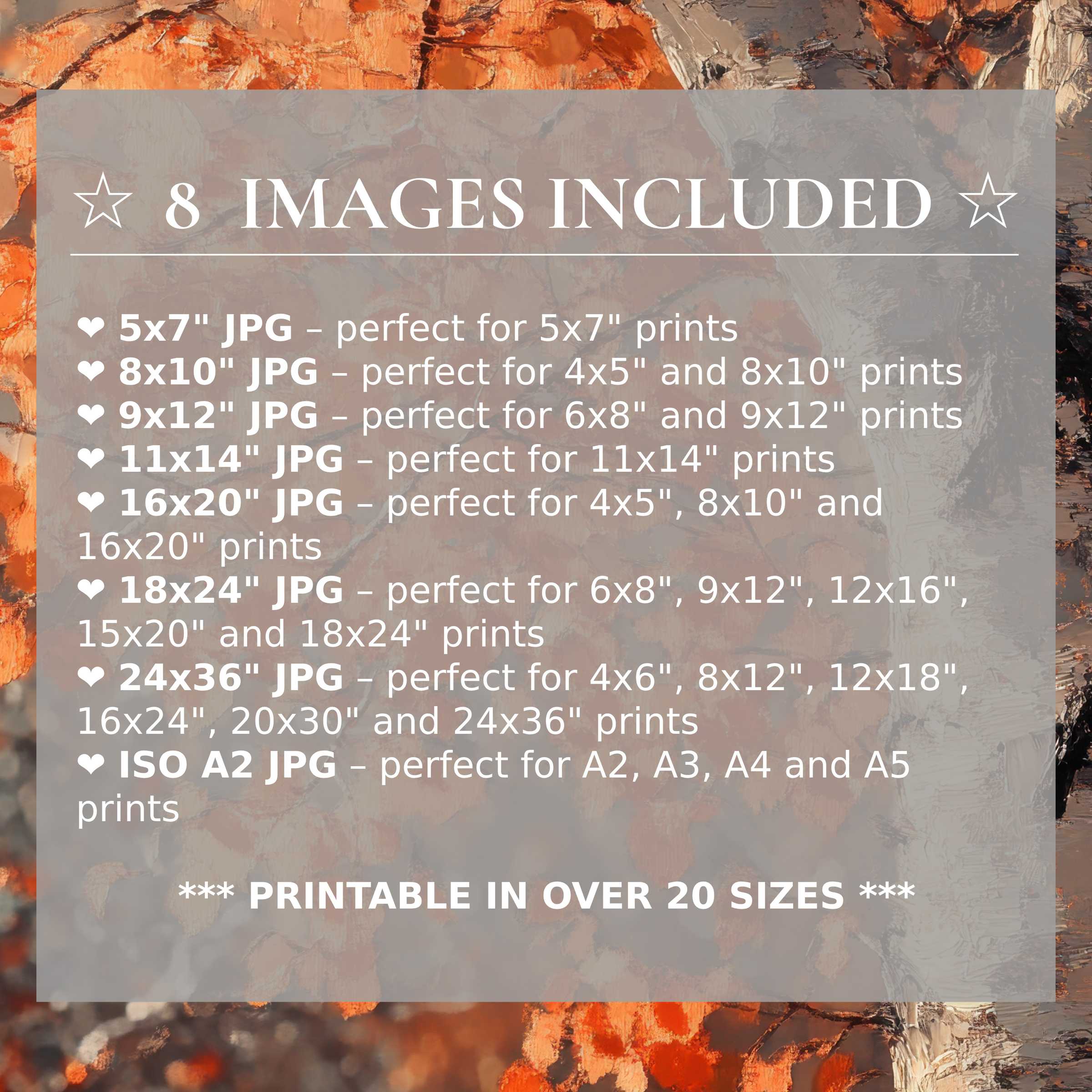 Print size guide showing 8 included JPG formats for versatile wall art printing – perfect for framing in popular sizes from 5x7 to 24x36 and A2