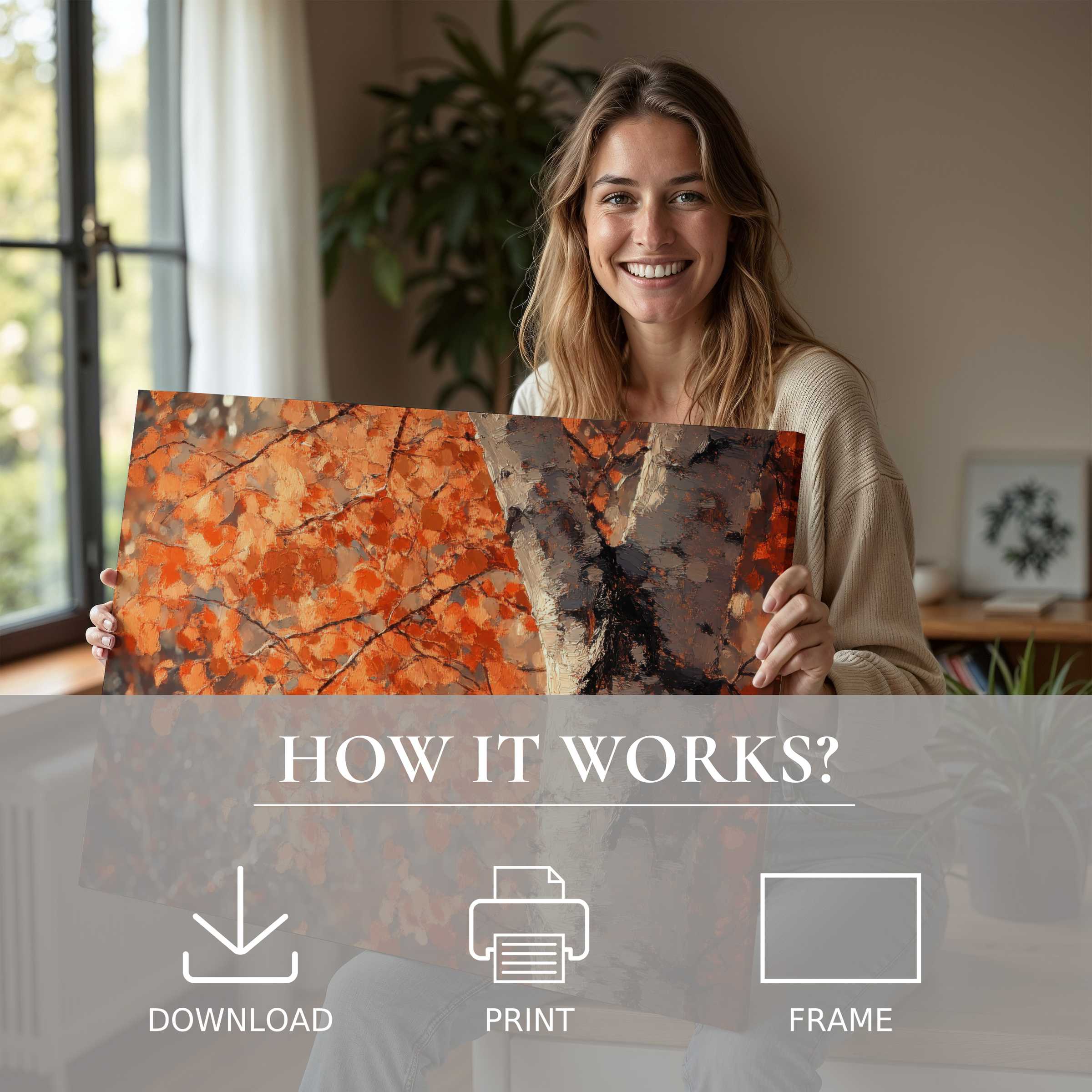 A joyful woman in a modern home reveals a vibrant tree digital art print in warm autumn hues, evoking calm and connection