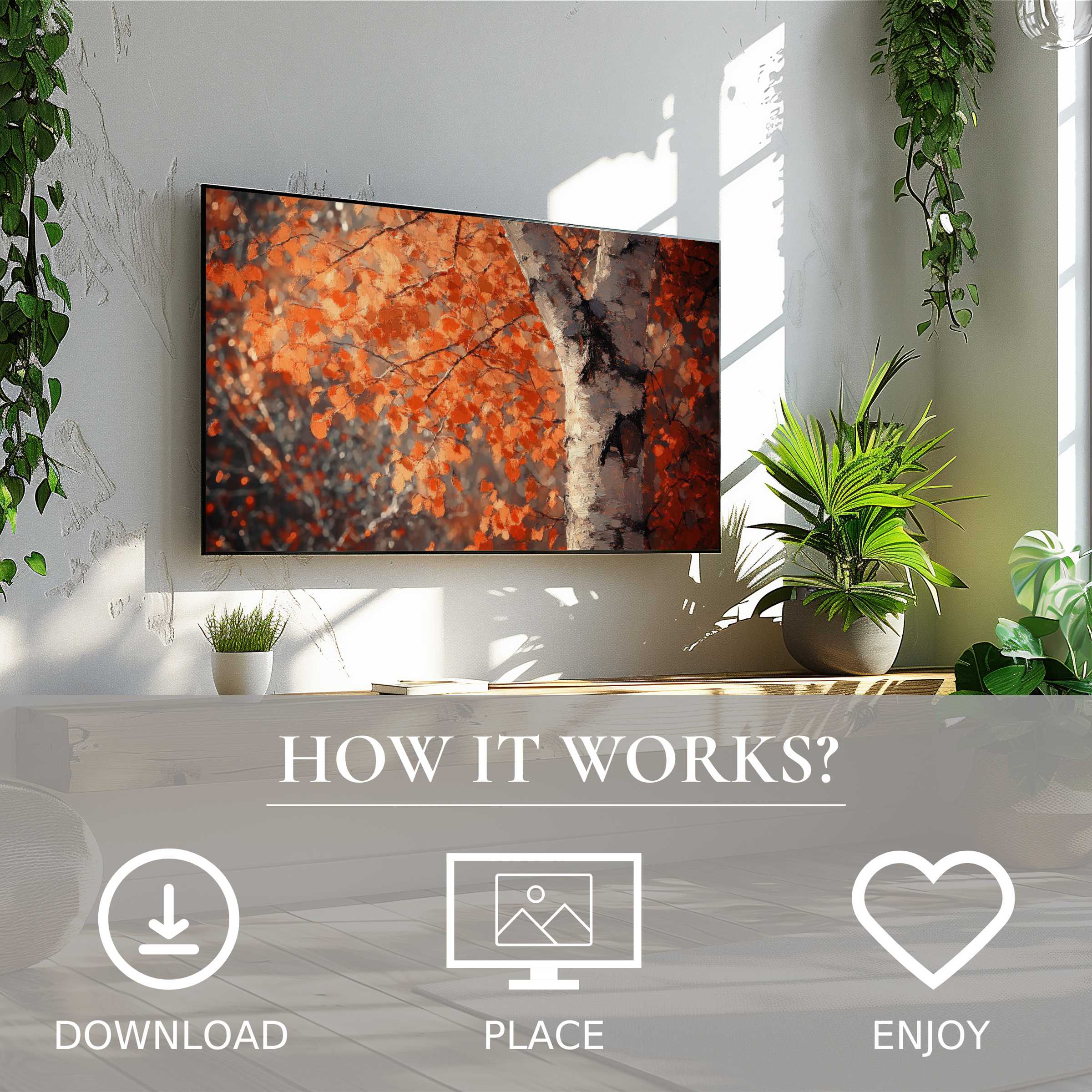 Tree art for Samsung TV shows warm autumn hues, easy digital download, enriching modern living rooms with vibrant fall tones
