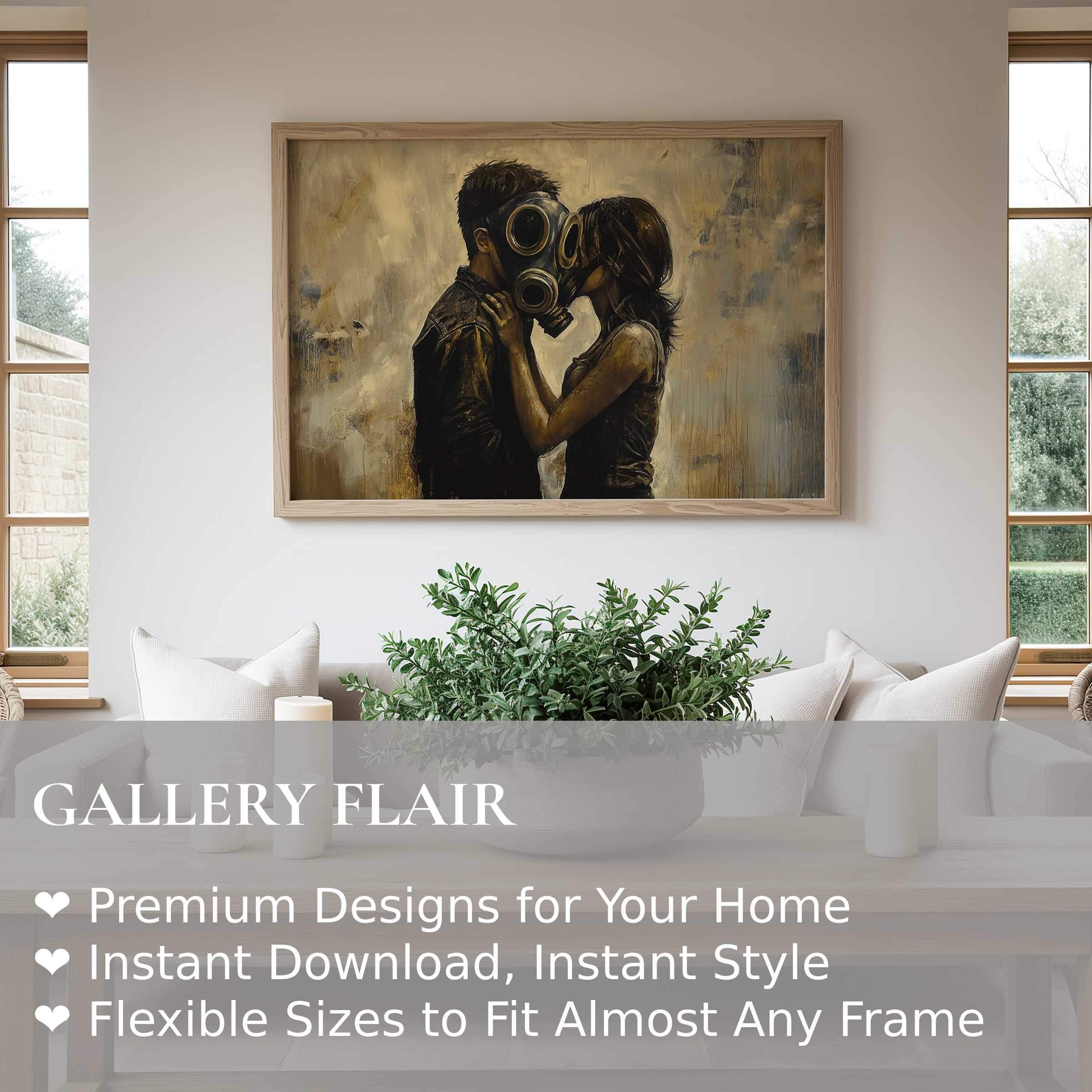 Bold street art wall art print featuring a romantic couple in gas masks, evoking edgy, urban emotion within a sleek, minimalist living space