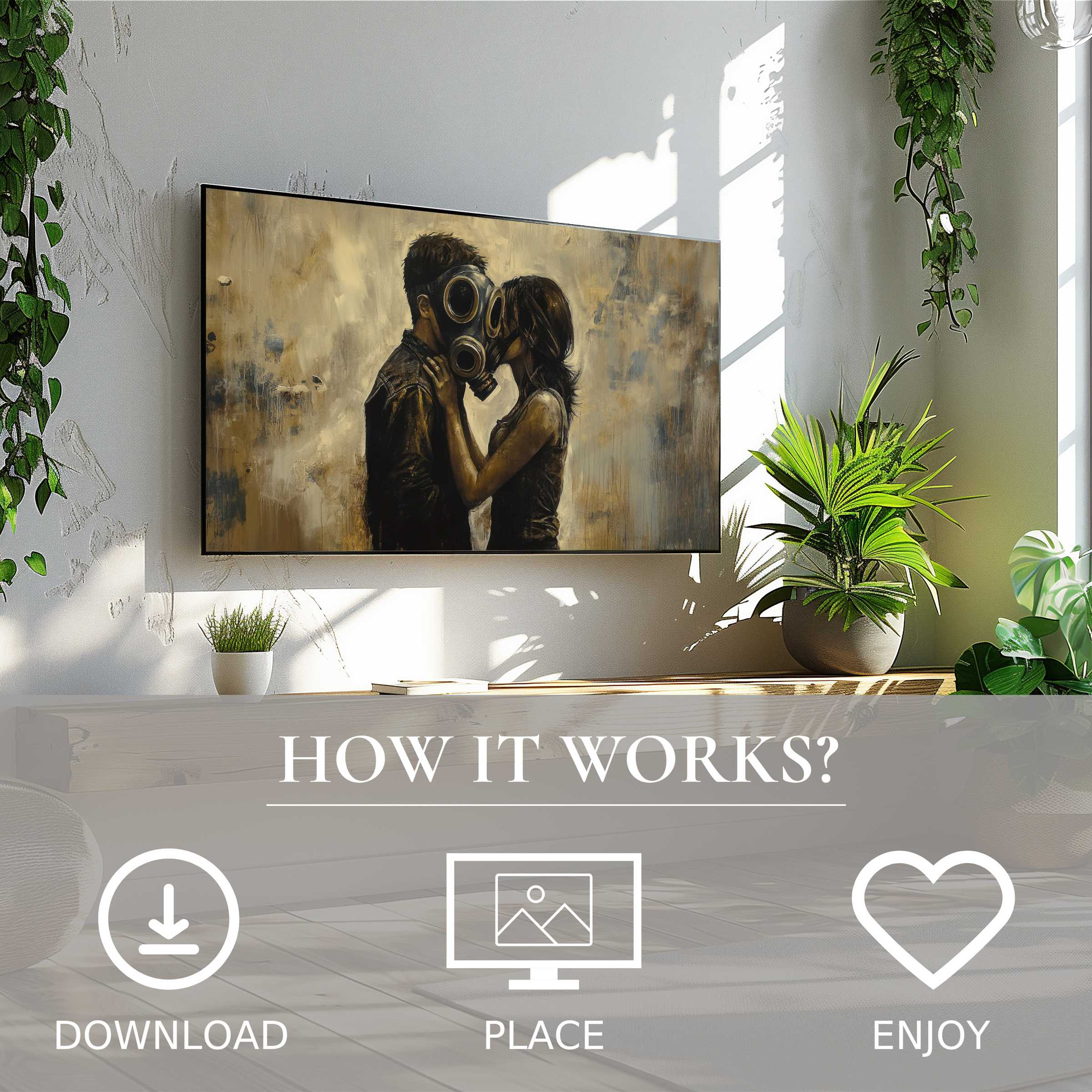 Modern living room with street art for Samsung TV; digital download shows muted sepia tones enriching space