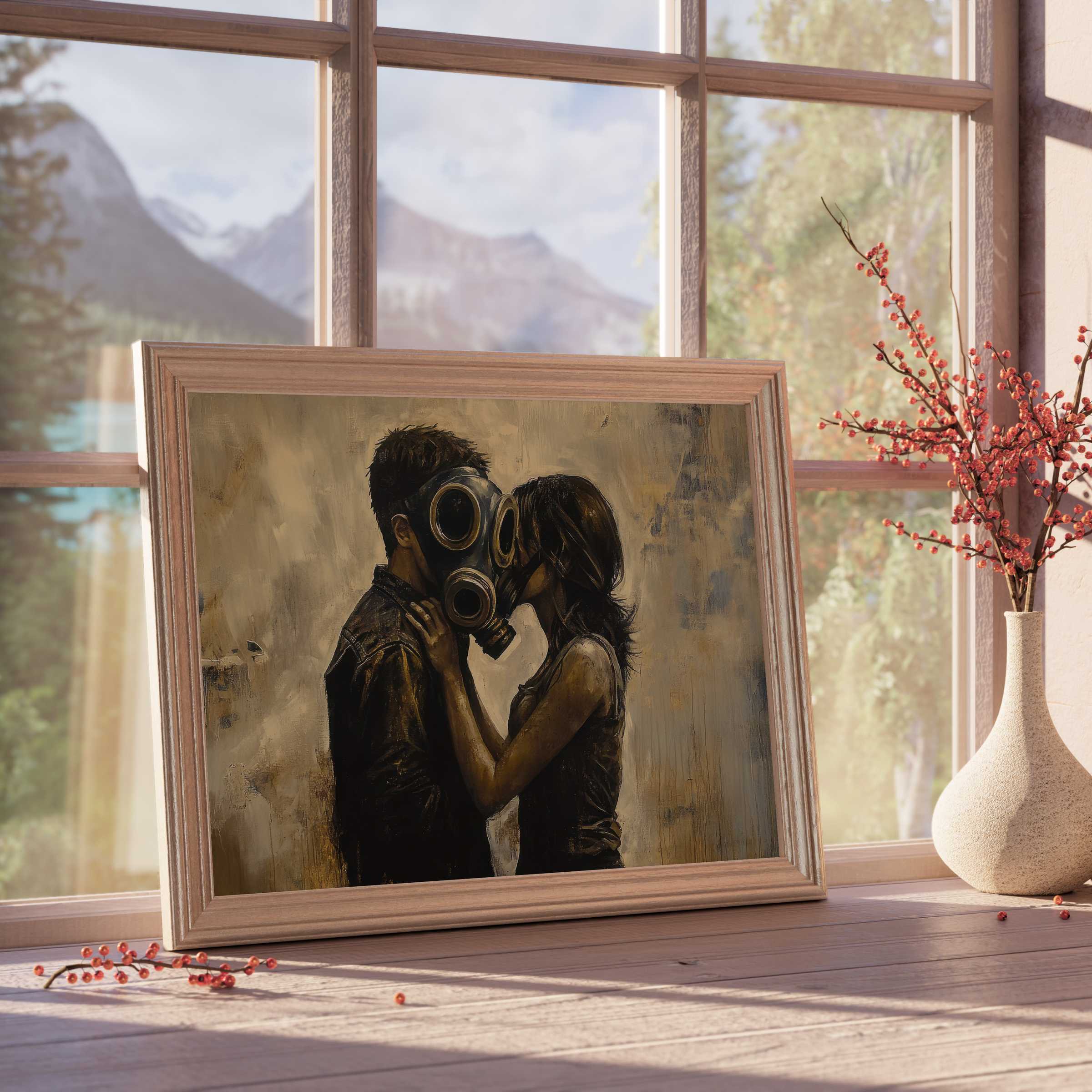 Moody street art downloadable art capturing intimate connection amid urban grit, perfect for curated, tranquil, design-forward interiors