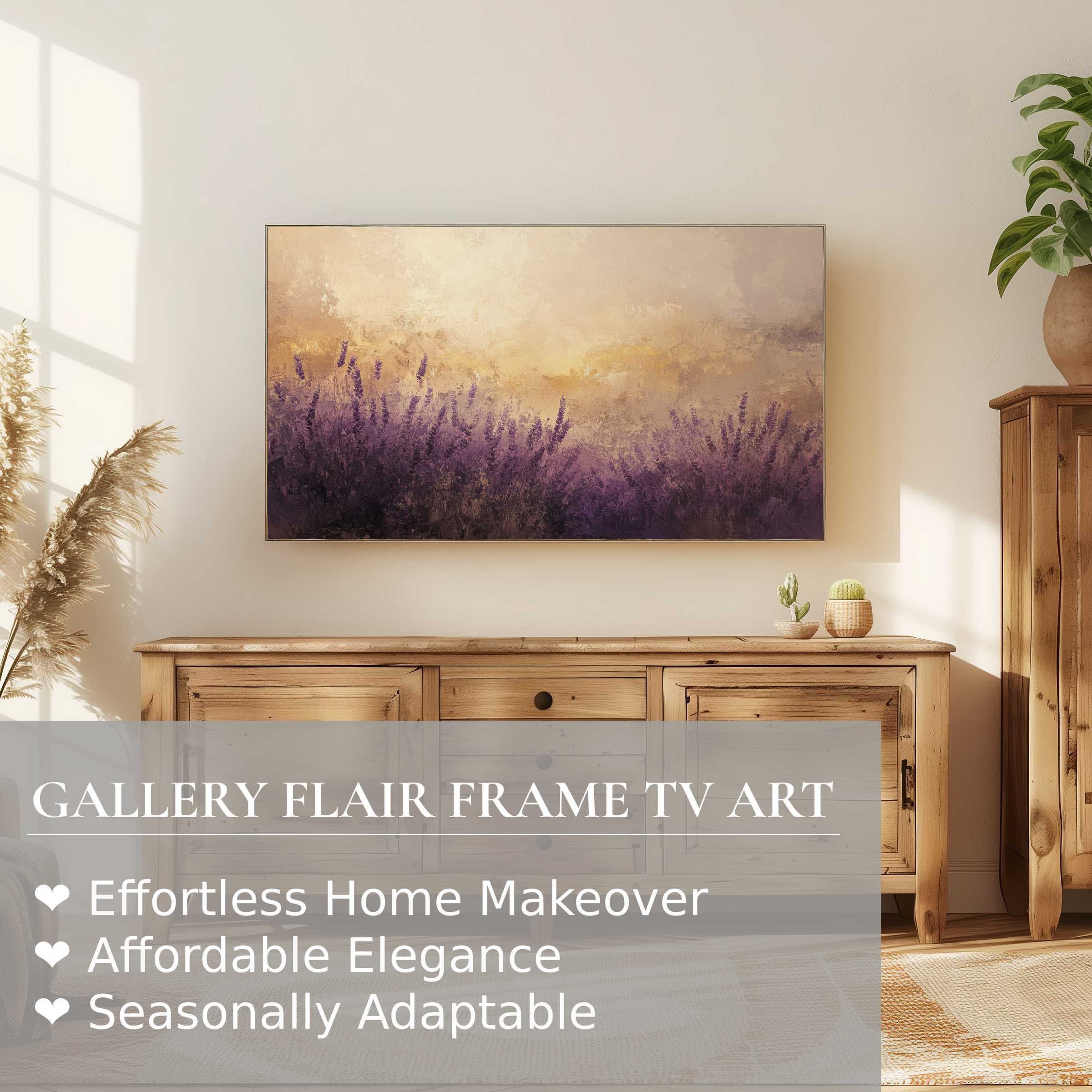 Samsung Frame TV showcasing summer digital artwork in soft lavender hues, perfect for elegant, modern home decor