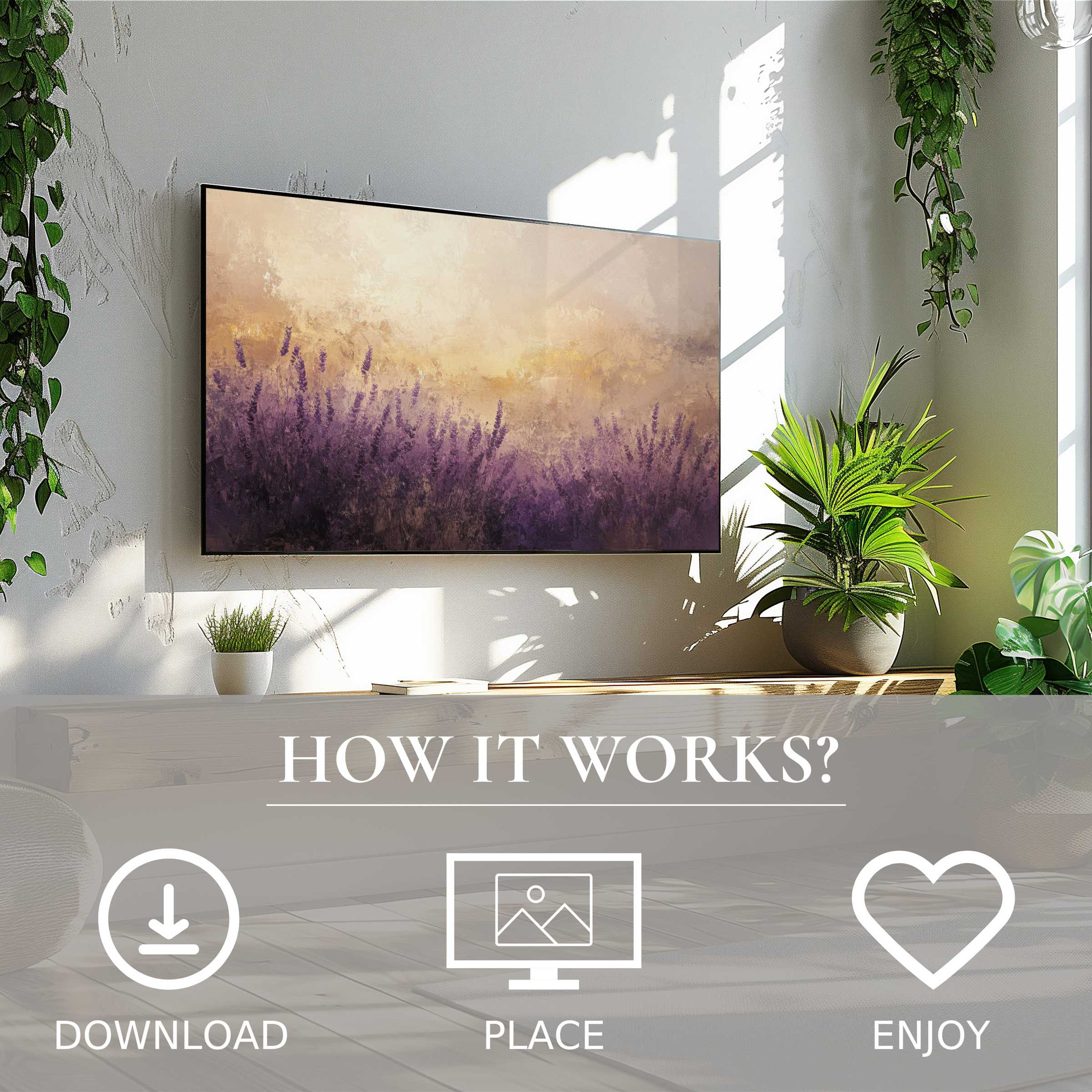 Summer art for Samsung TV shows soft sunset tones over lavender fields, simple digital download enriches modern space