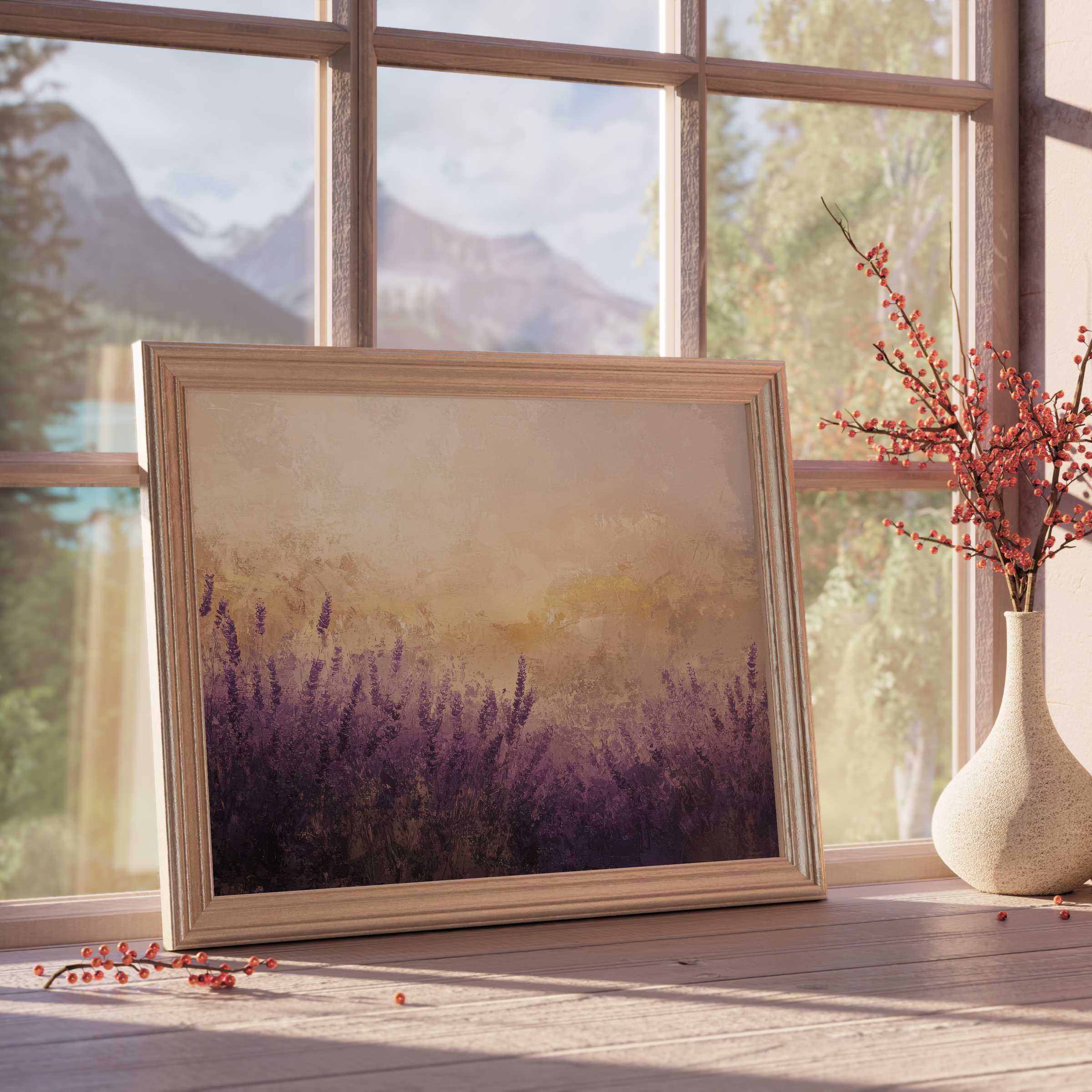 Summer downloadable art capturing serene lavender fields in soft golden light, elevating tranquil, curated interiors with natural elegance