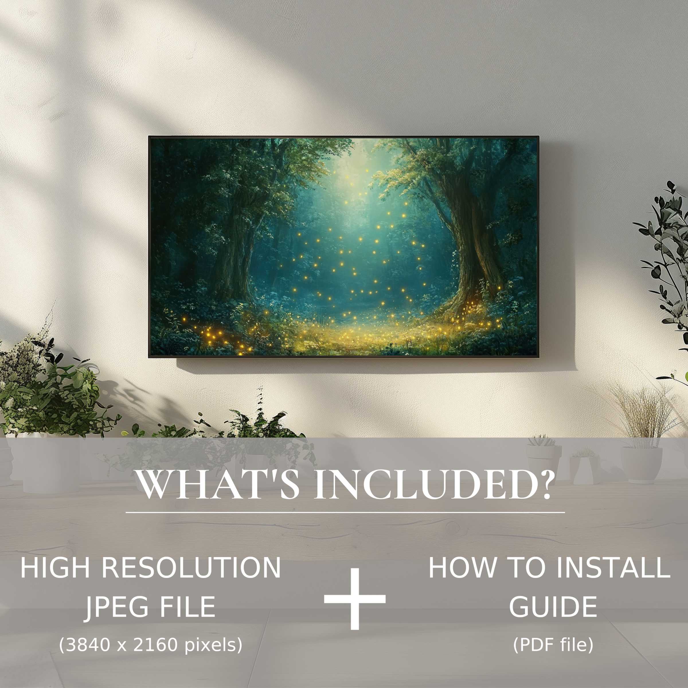 Elegant nursery digital TV art download, easy digital use, transforms living spaces with enchanting forest glow