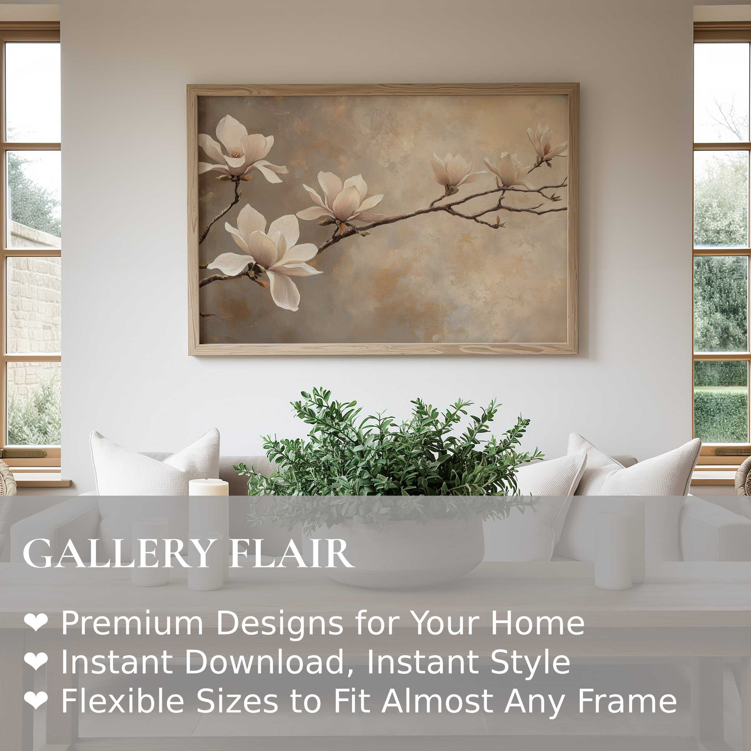 Elegant floral wall art print featuring soft magnolia blossoms on a muted beige background, enhancing modern minimalist interiors with serene, natural charm and timeless sophistication