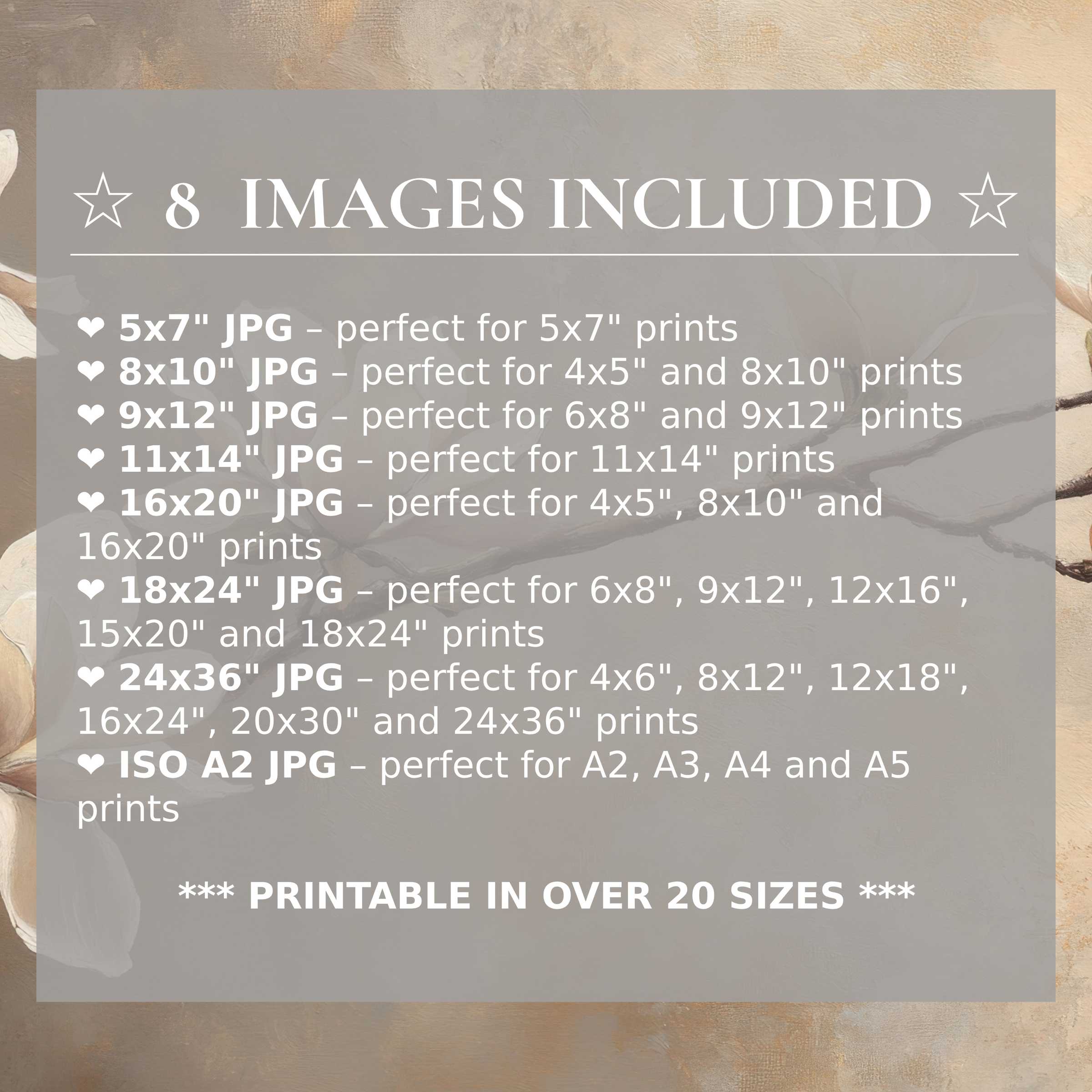 Radiant floral digital print in soft cream and beige hues, crafted to elevate modern interiors with timeless style Includes 8 high-quality sizes for seamless decor versatility