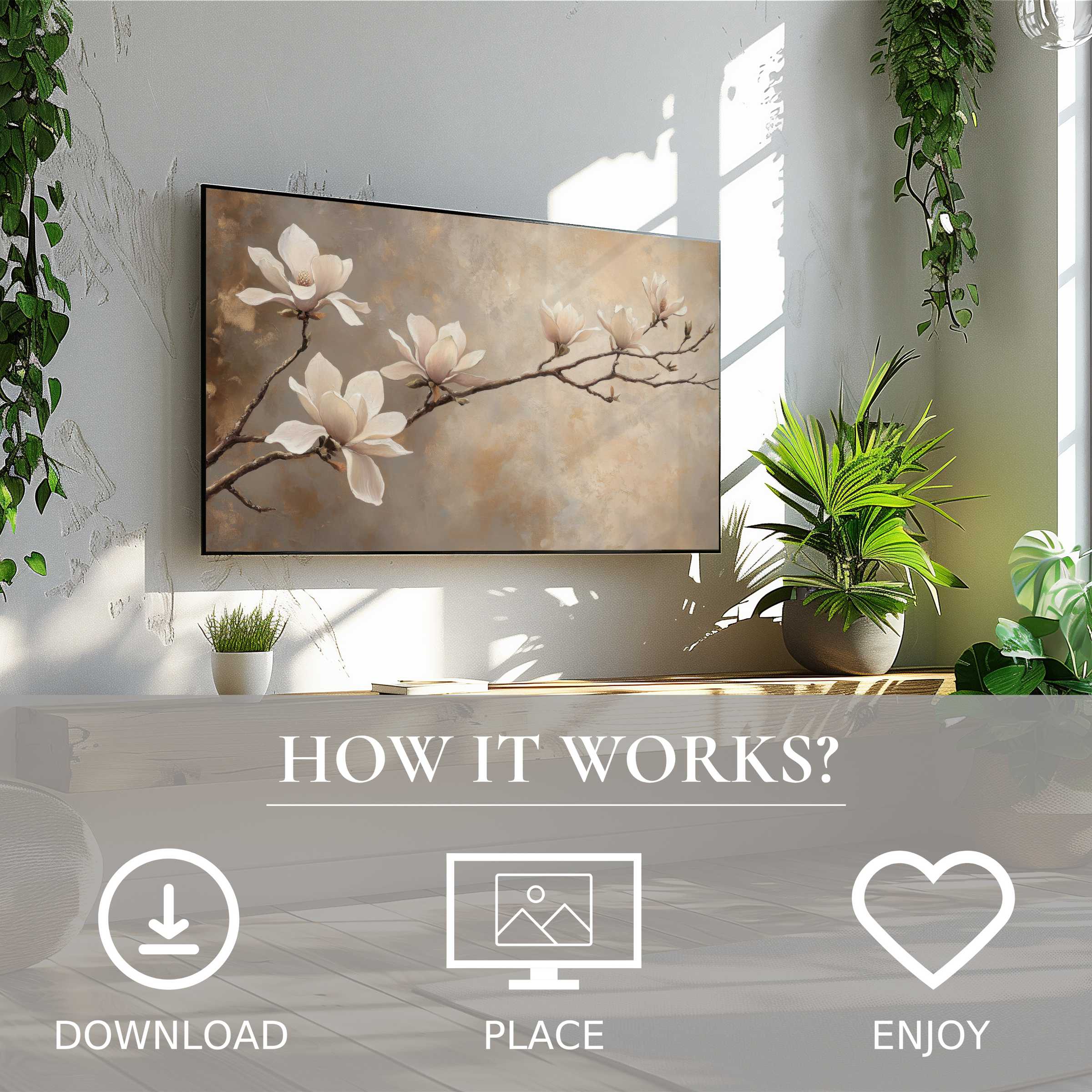 Floral art for Samsung TV shows soft beige magnolia blooms; easy digital download enriches and modernizes any living space