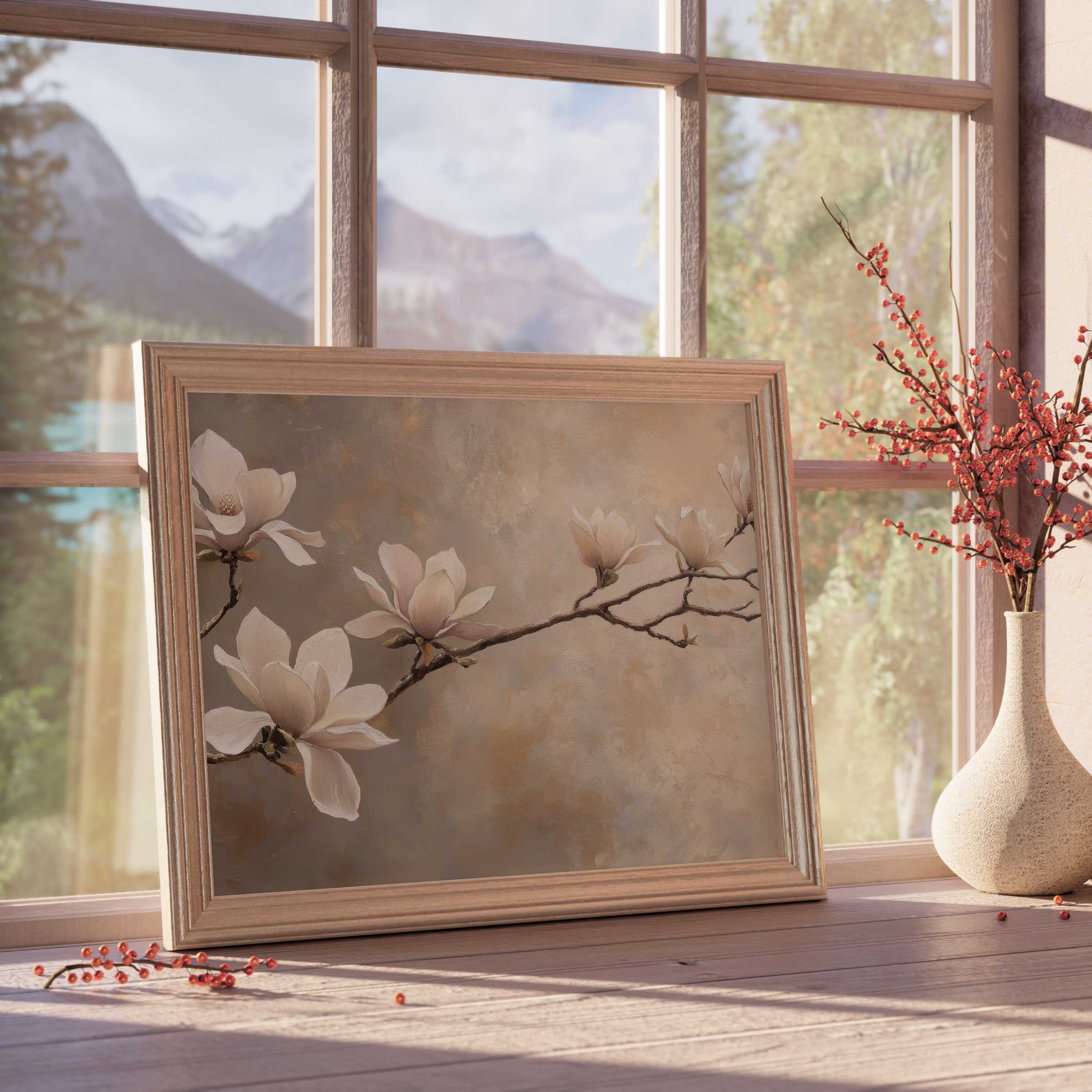 Elegant floral downloadable art depicting delicate magnolia blossoms on a muted taupe backdrop, enhancing serene, curated interiors