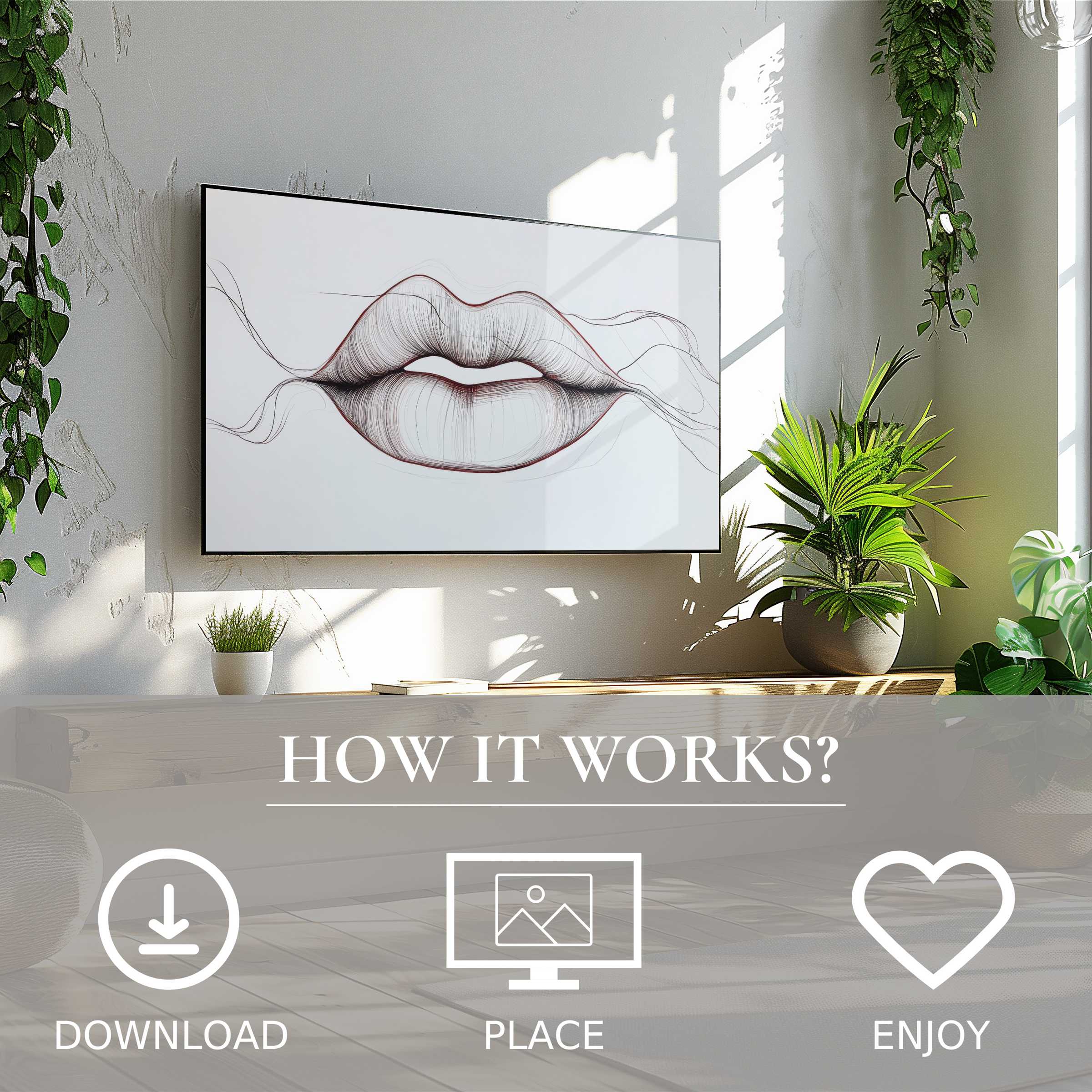 Minimalist art for Samsung TV: abstract lips motif adds elegance; easy digital download enriches modern living spaces