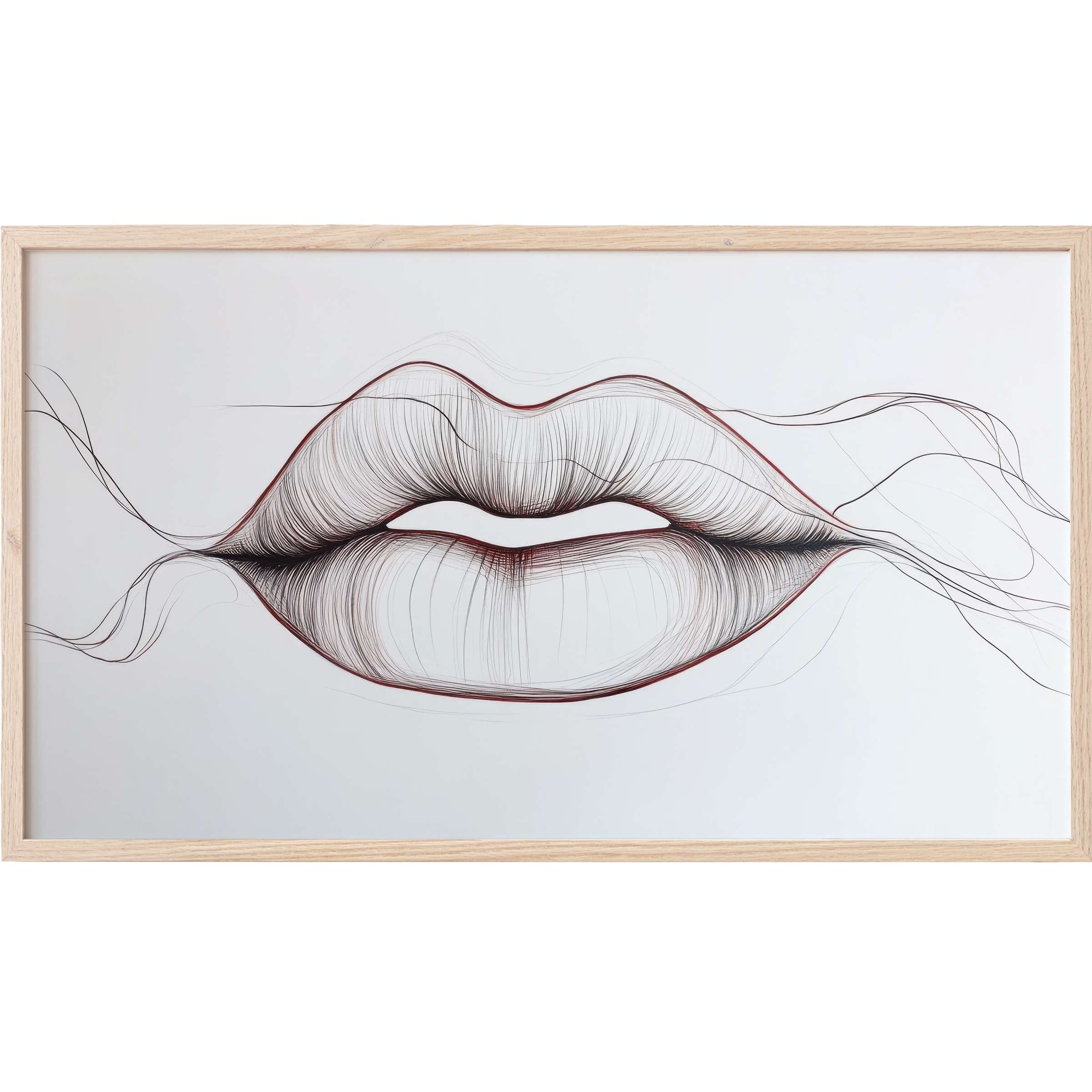 Elegant linear sketch of lips in black and deep red, framed in light wood, minimalist Frame TV Art for refined interiors