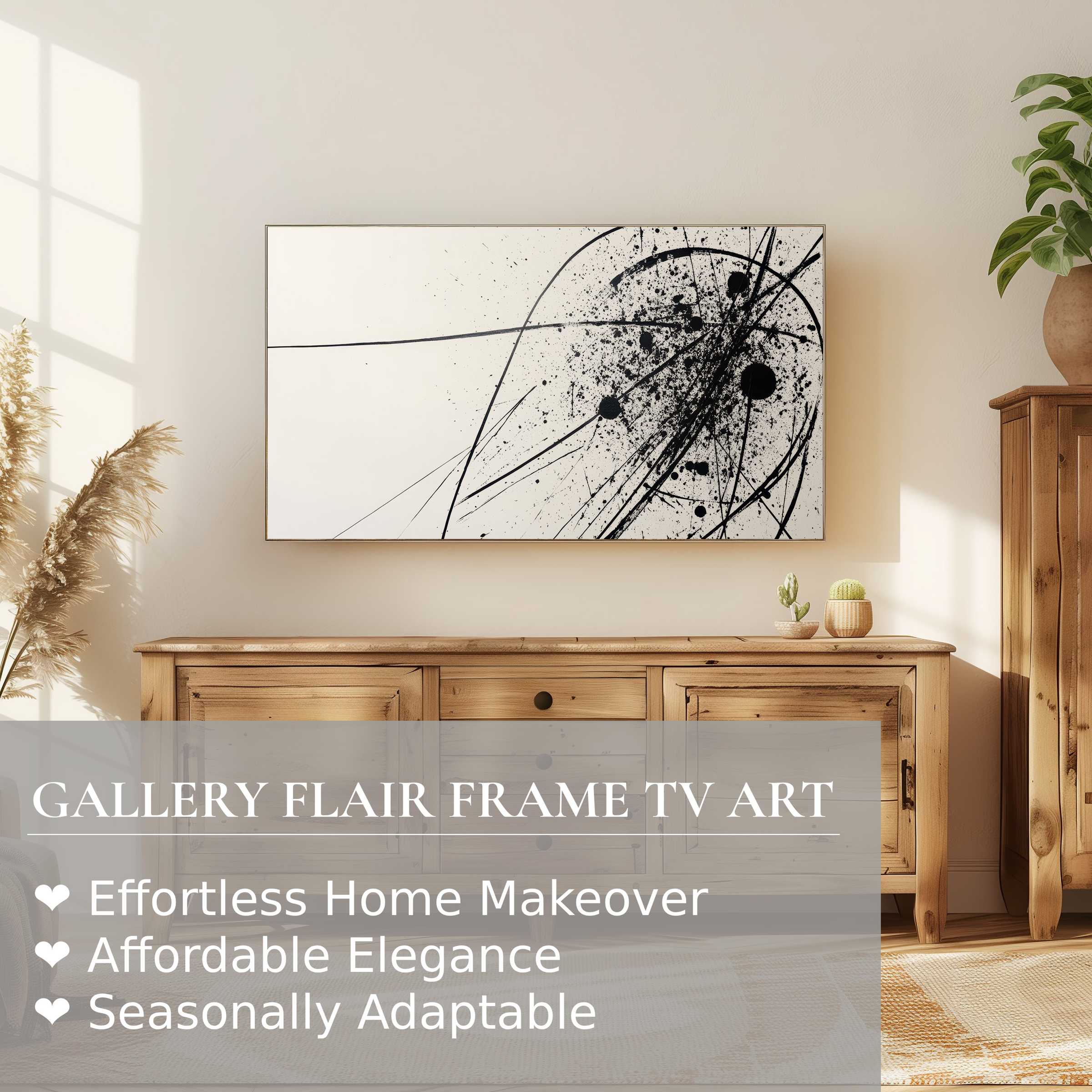 Samsung Frame TV displays modern digital artwork with abstract black strokes in a warm, minimalist living space