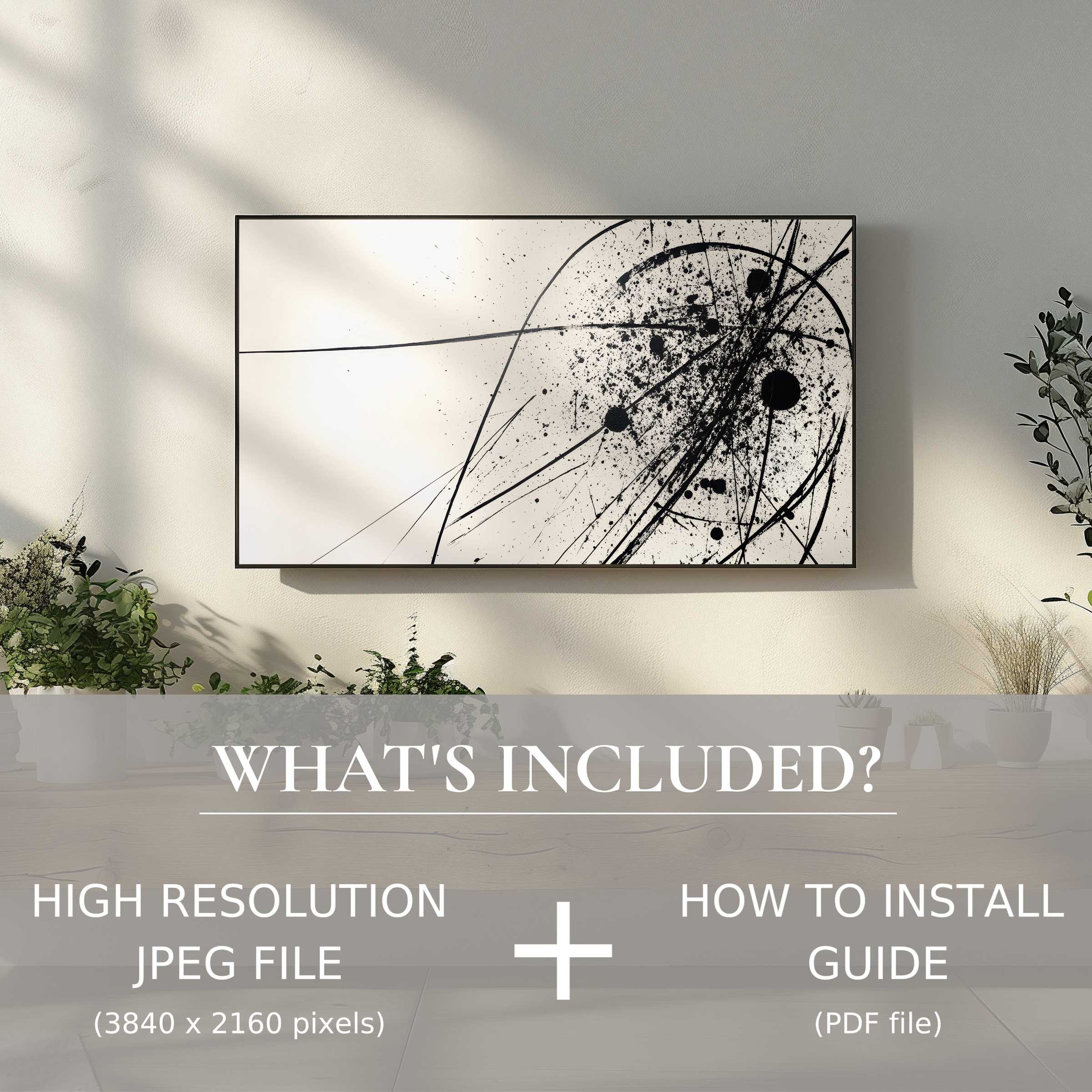 Elegant living space featuring modern digital TV art download with easy use, enhancing style with abstract black splatter