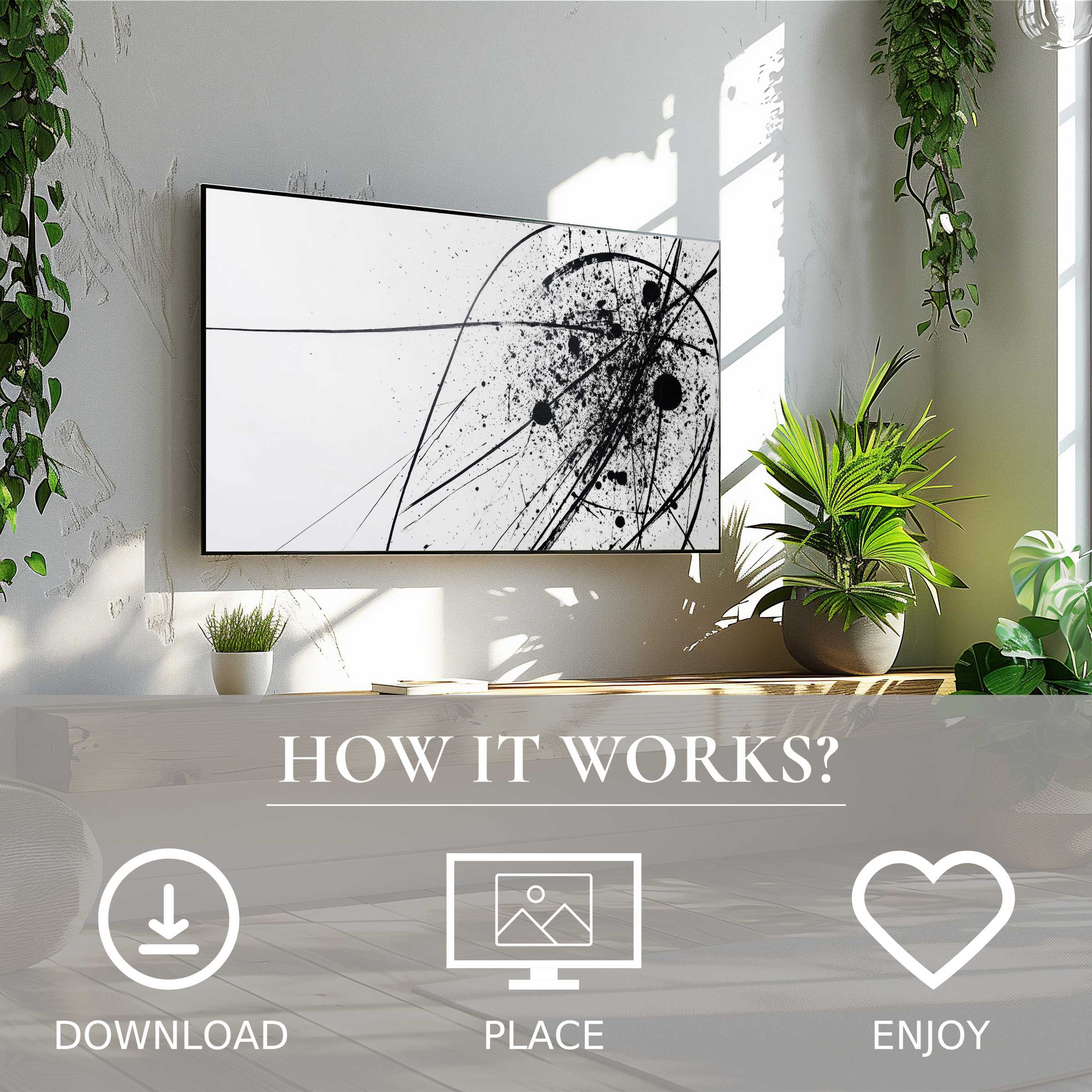 Modern art for Samsung TV with black splatter motif, easy digital download enriching any sleek, plant-infused living space