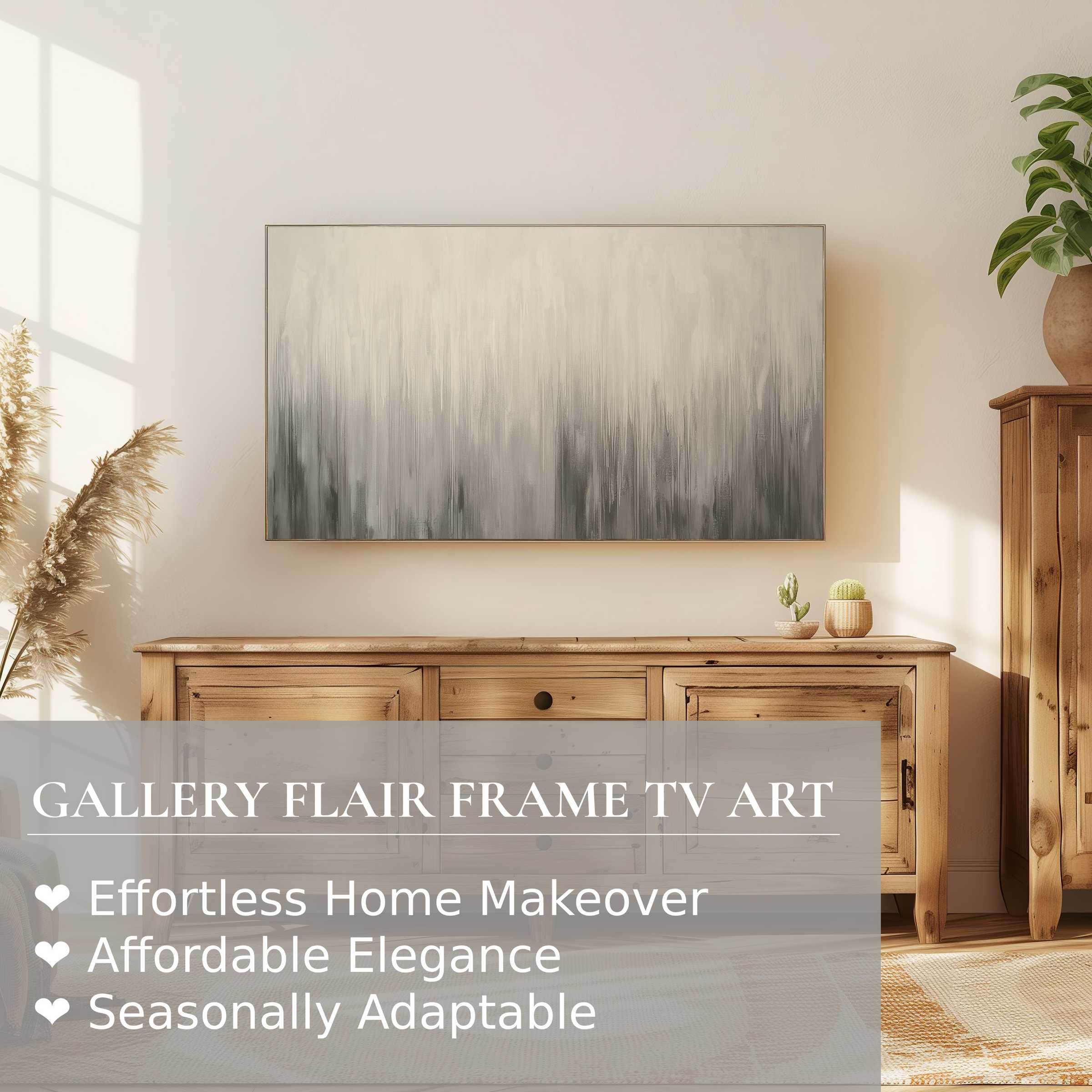 Modern living room with Samsung Frame TV showcasing neutral digital artwork above rustic wood furniture