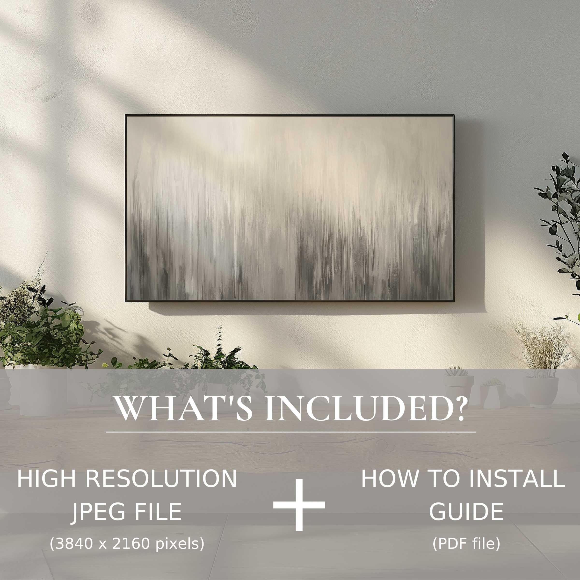 Elegant living room with neutral digital TV art download, easy to use and enriches your modern space