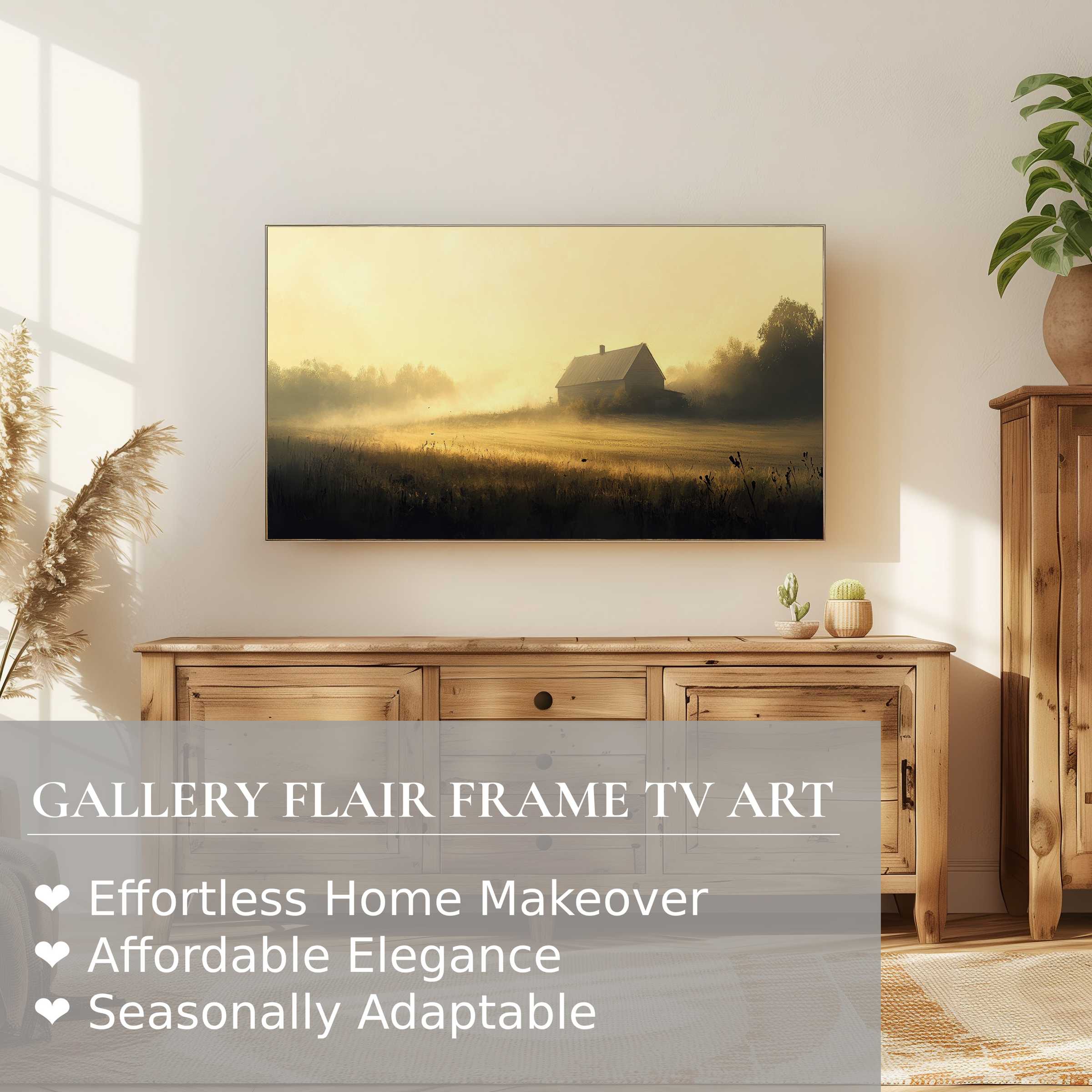 Samsung Frame TV displaying serene farmhouse digital artwork, blending rustic charm with modern elegance in a sunlit setting