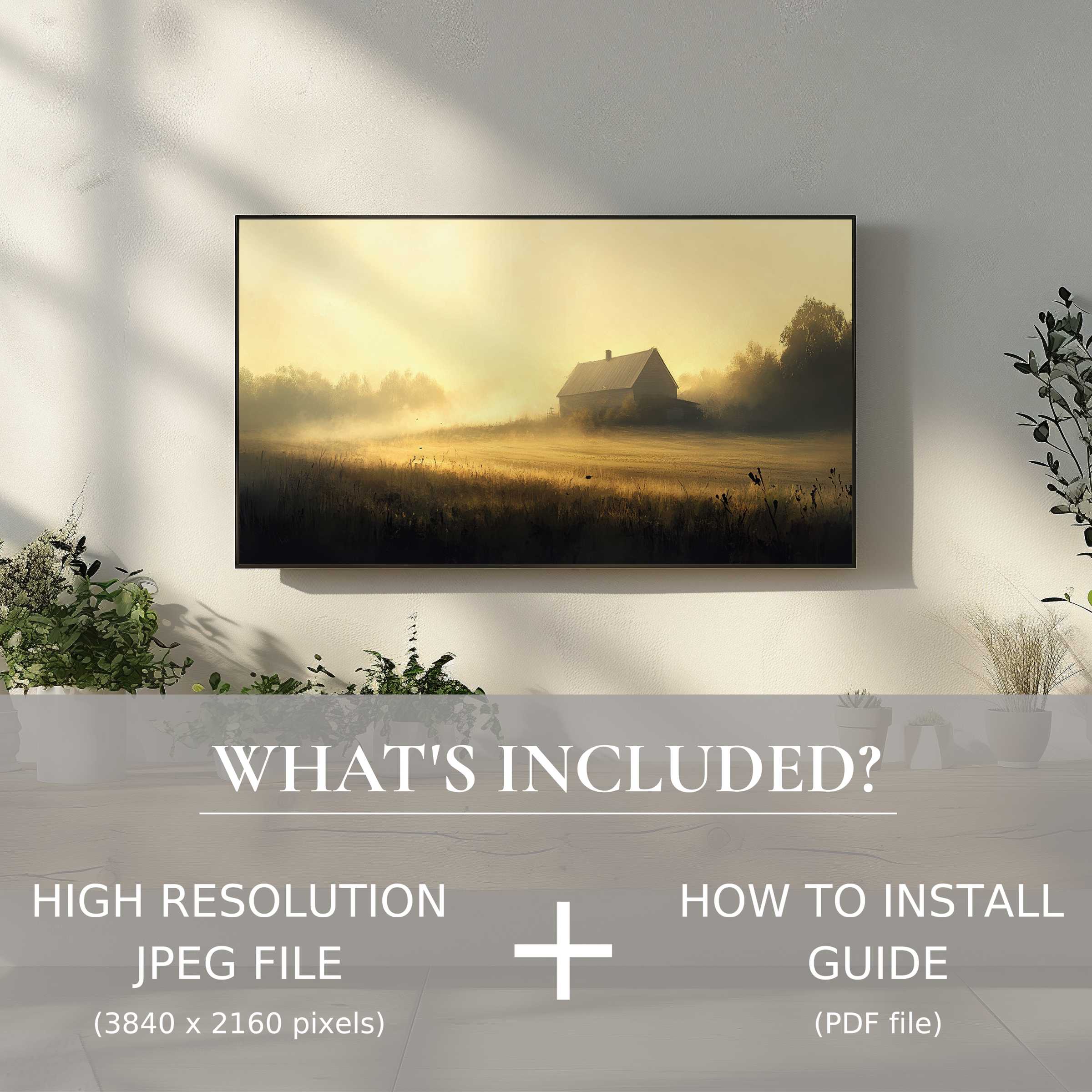 Elegant farmhouse digital TV art download showcasing a serene cabin, enhancing living spaces with easy digital use