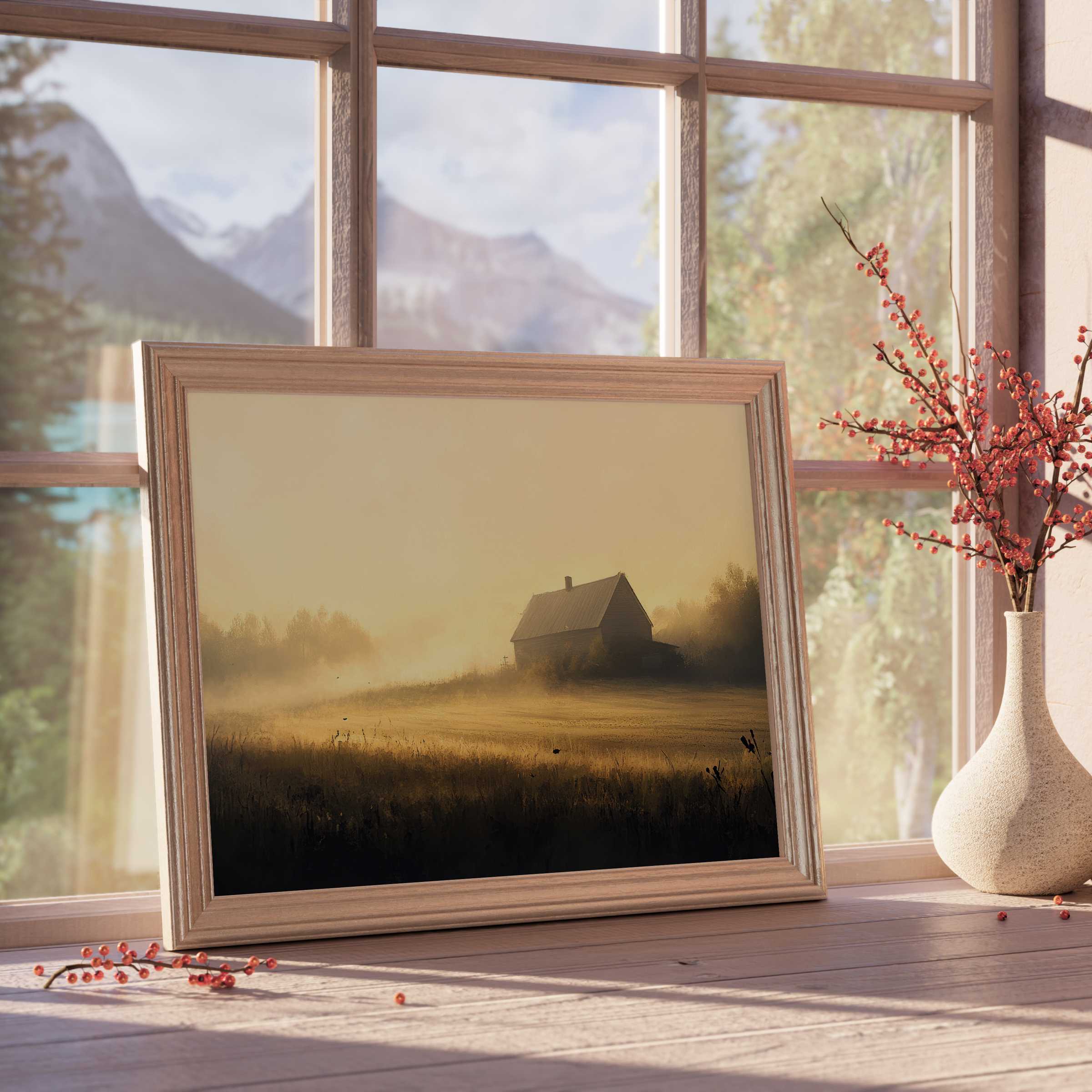 Farmhouse downloadable art capturing tranquil morning mist, warm golden light, and rustic charm for serene, design-forward interiors