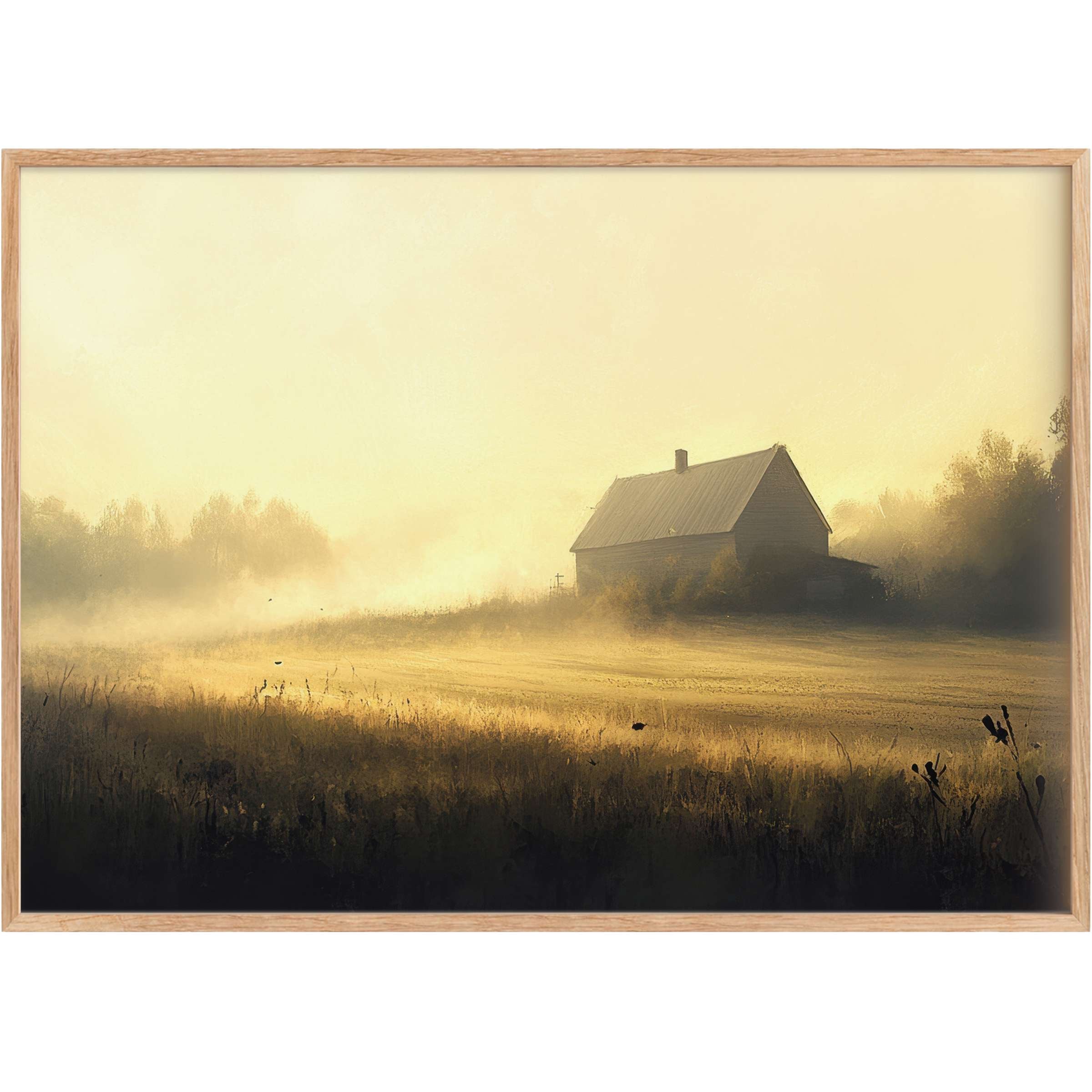 Farmhouse printable wall art capturing a serene sunrise, bathed in golden light and soft mist for a calming, warm ambiance