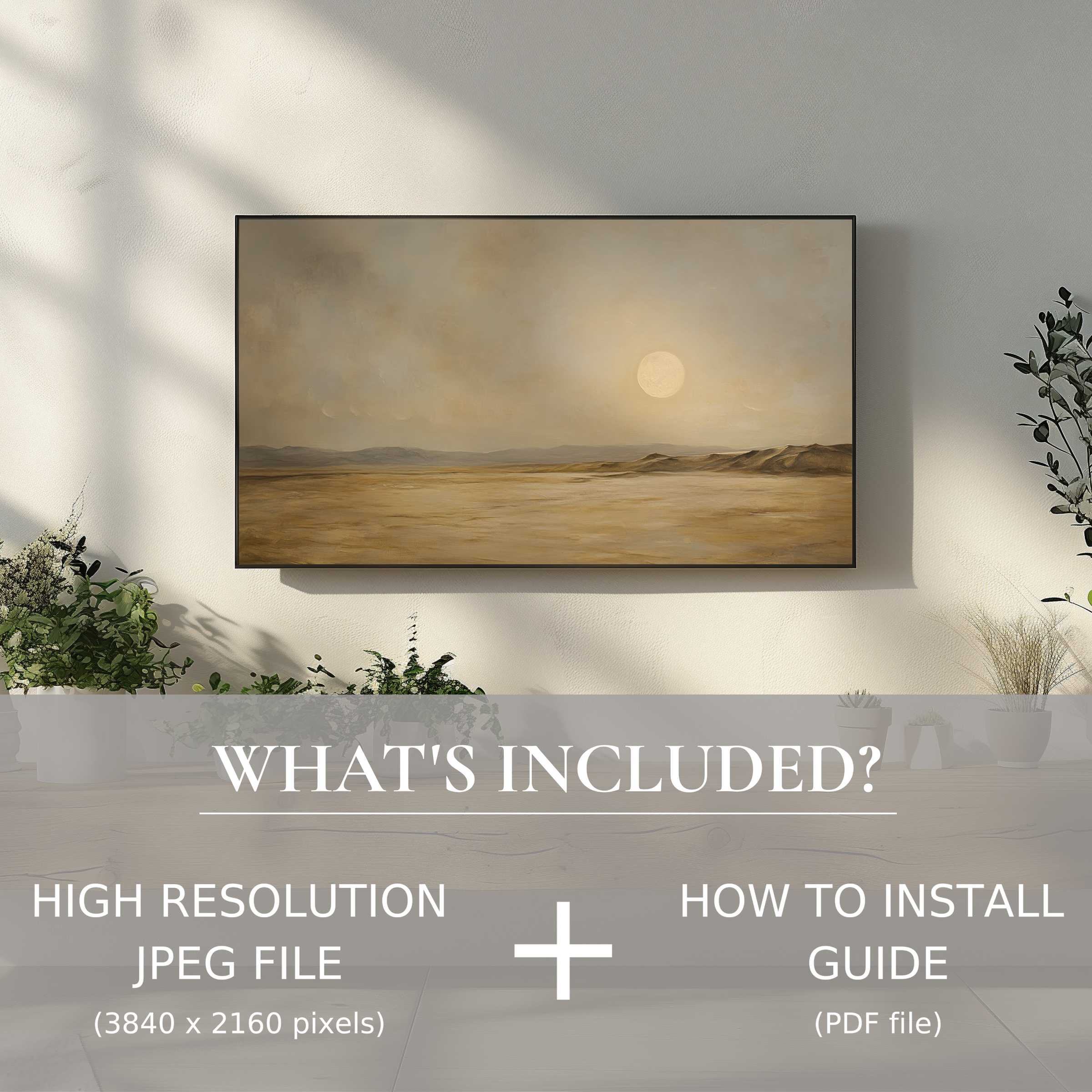 Elegant living space enhanced by vintage digital TV art download; easy digital use with high-res and installation guide