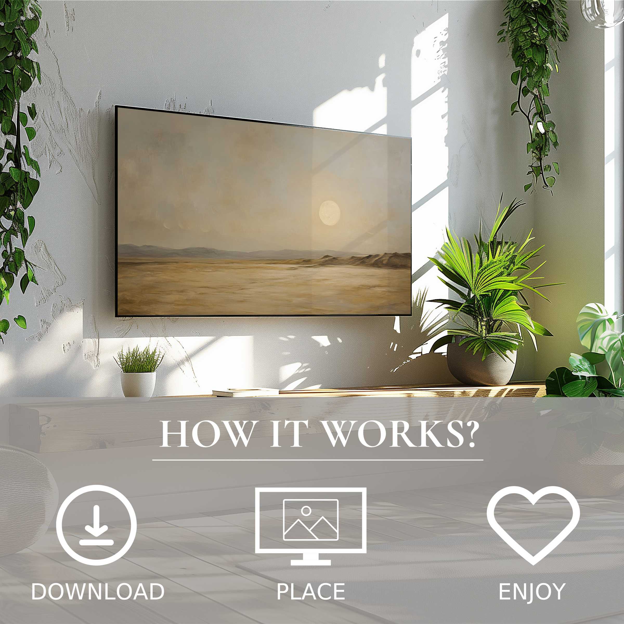 Vintage art for Samsung TV shows soft sunset tones, easy digital download enriches your modern living space