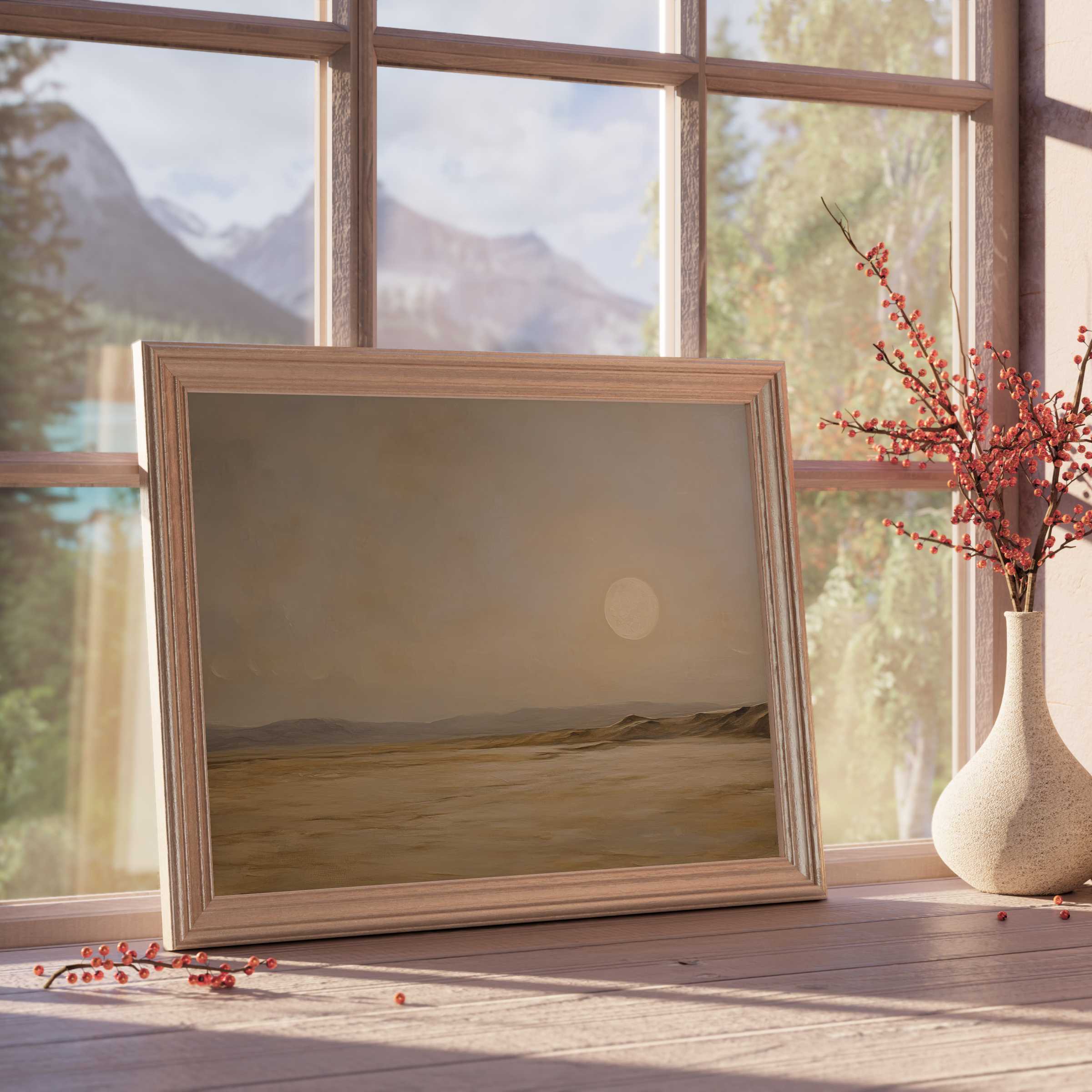 Vintage downloadable art capturing a serene desert moonrise, enriching curated interiors with timeless warmth and refined elegance