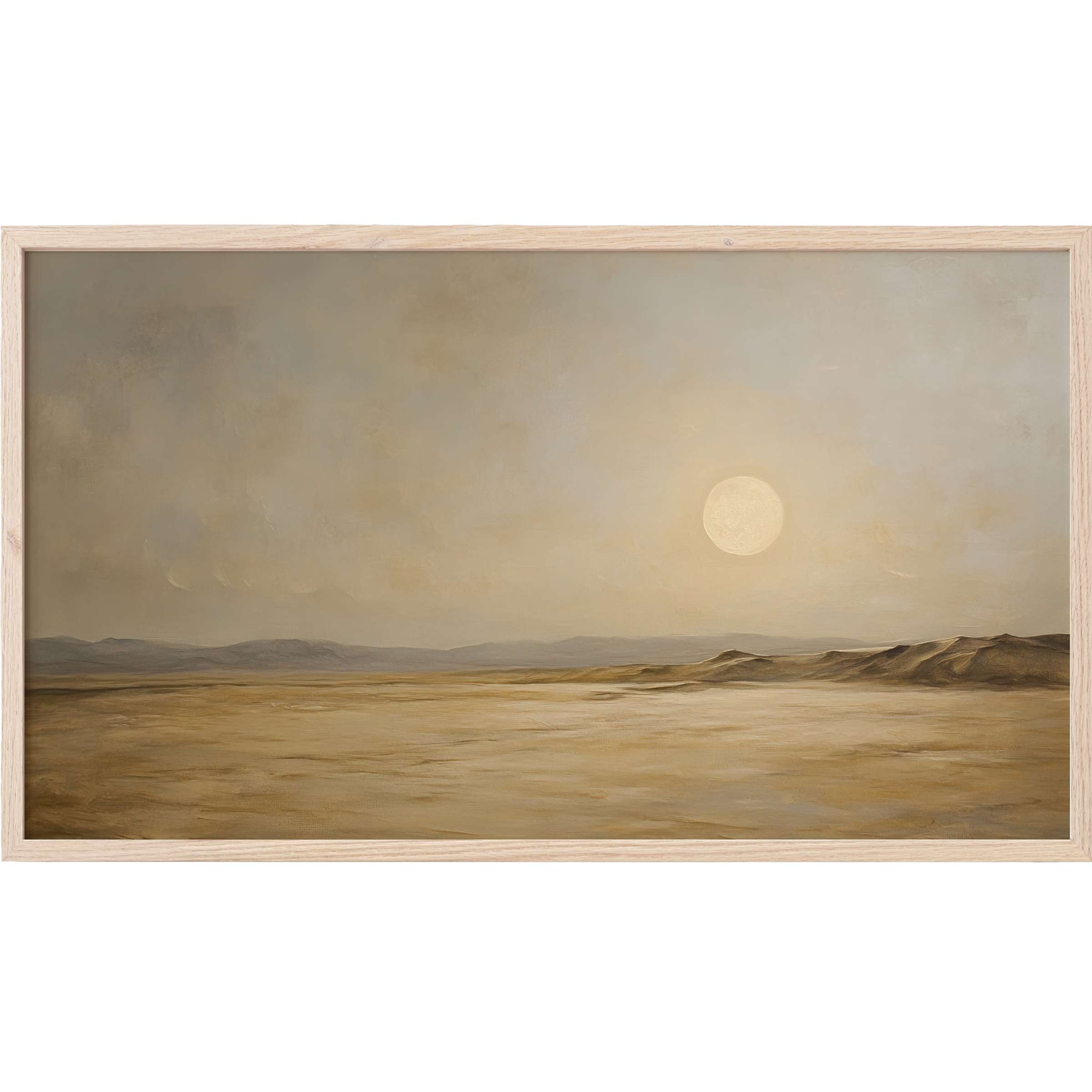Serene desert sunset in muted earth tones, minimalist and timeless in vintage Frame TV Art style