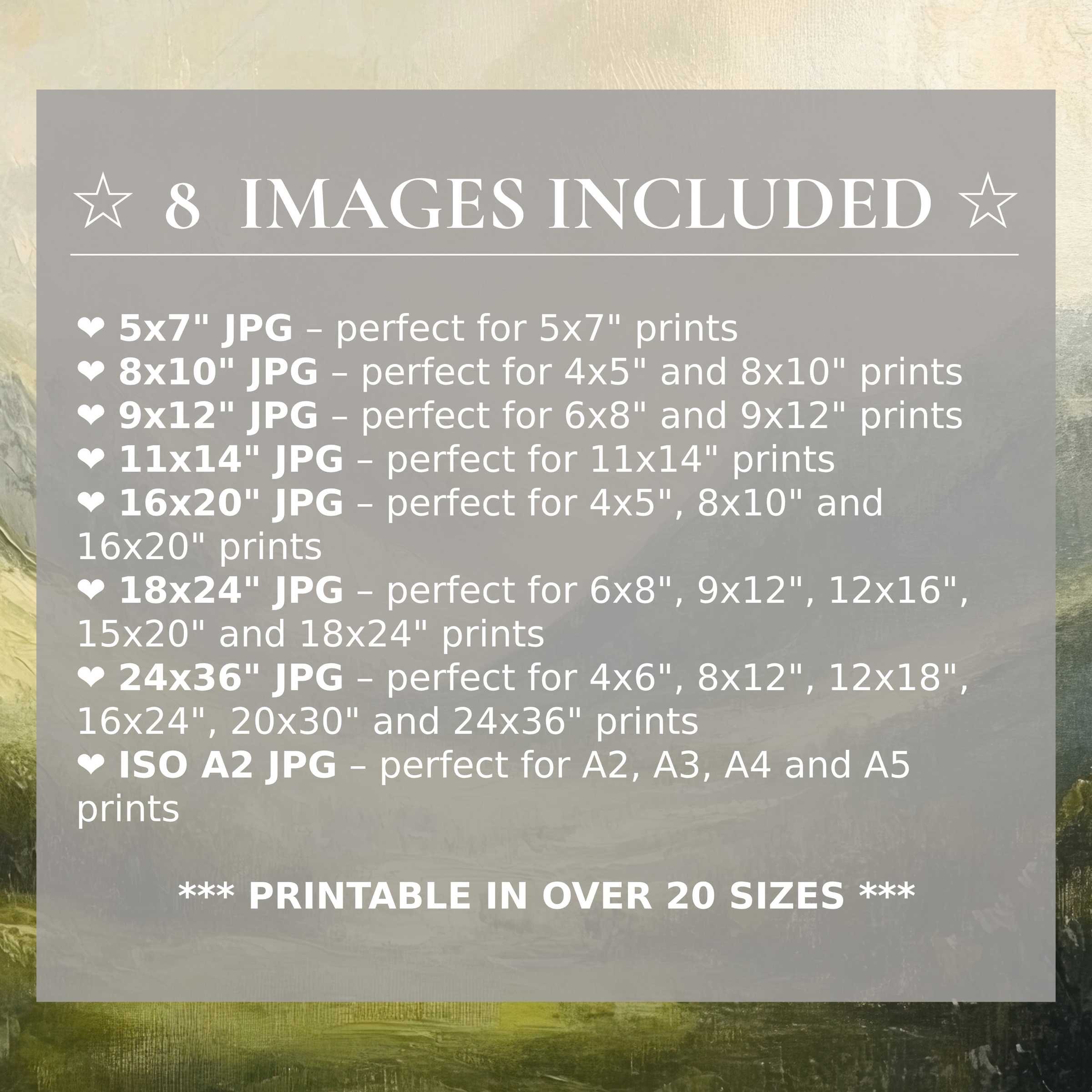 Landscape digital print radiating serene greens and muted earth tones, elevating modern interiors with 8 high-quality sizes included