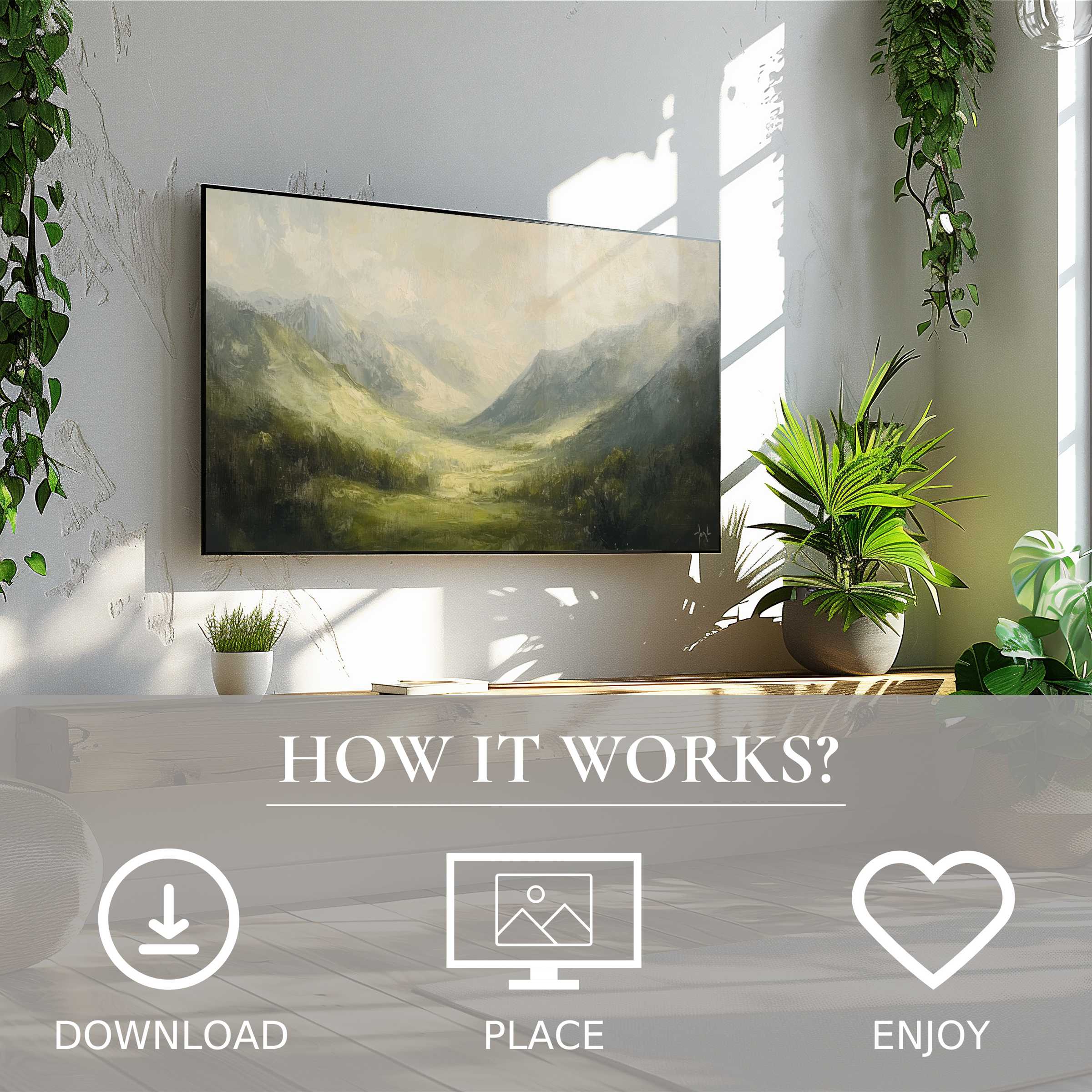 Modern living space with landscape art for Samsung TV, soft green valley tones, easy digital download enriches room
