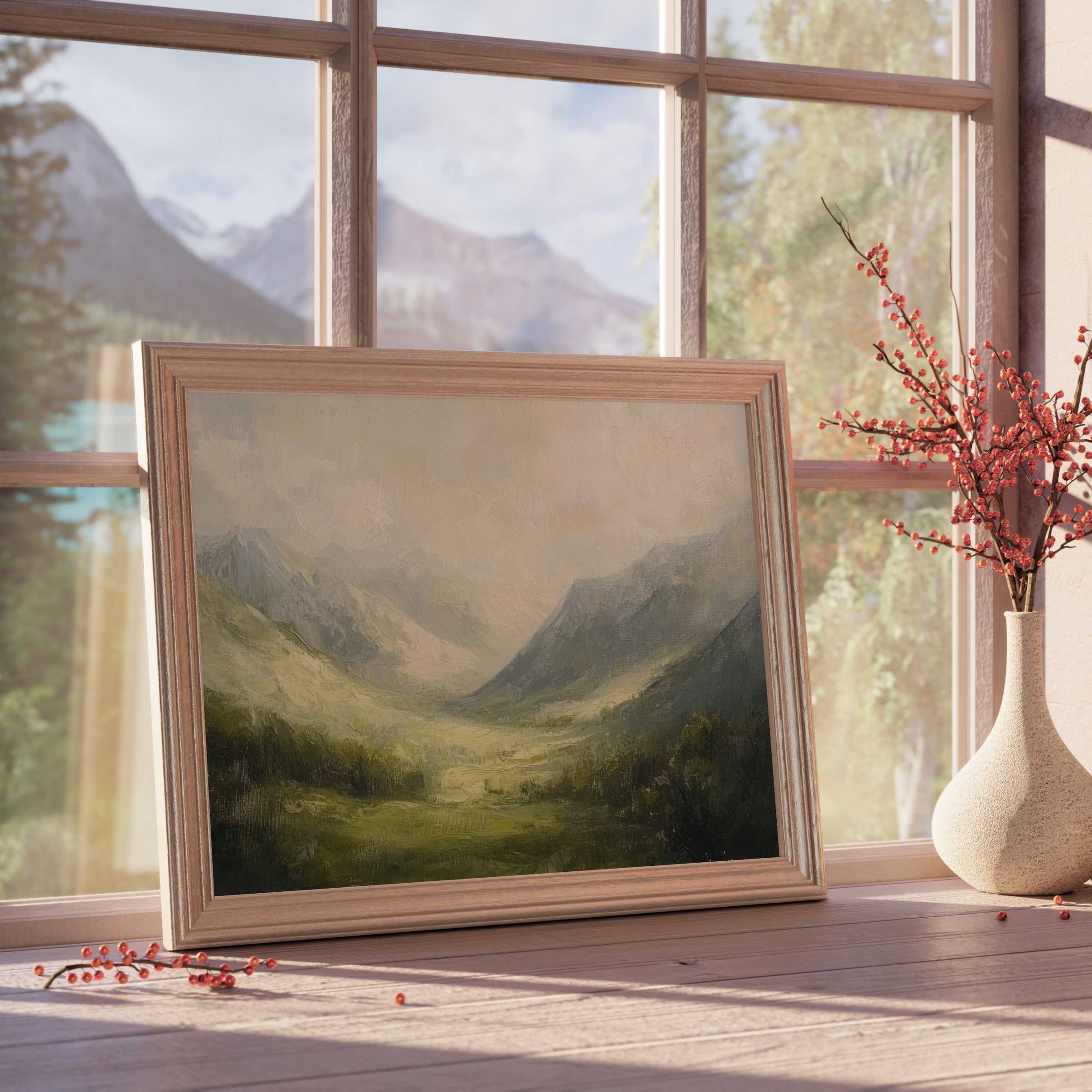 Tranquil landscape downloadable art in soft, muted tones, enhancing serene, curated spaces with timeless natural elegance