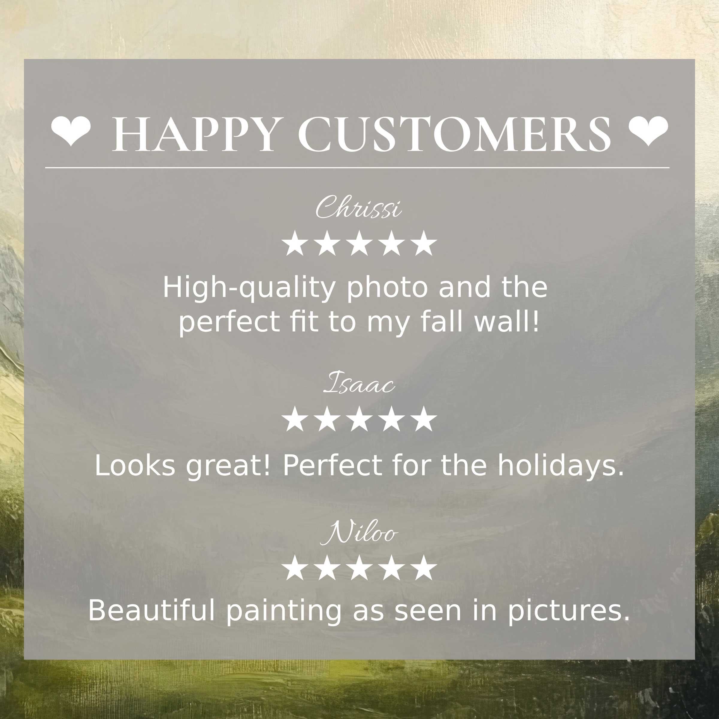 Landscape art for Frame TV with abstract sunset hues, showcasing happy customer reviews and elegant, trustworthy design