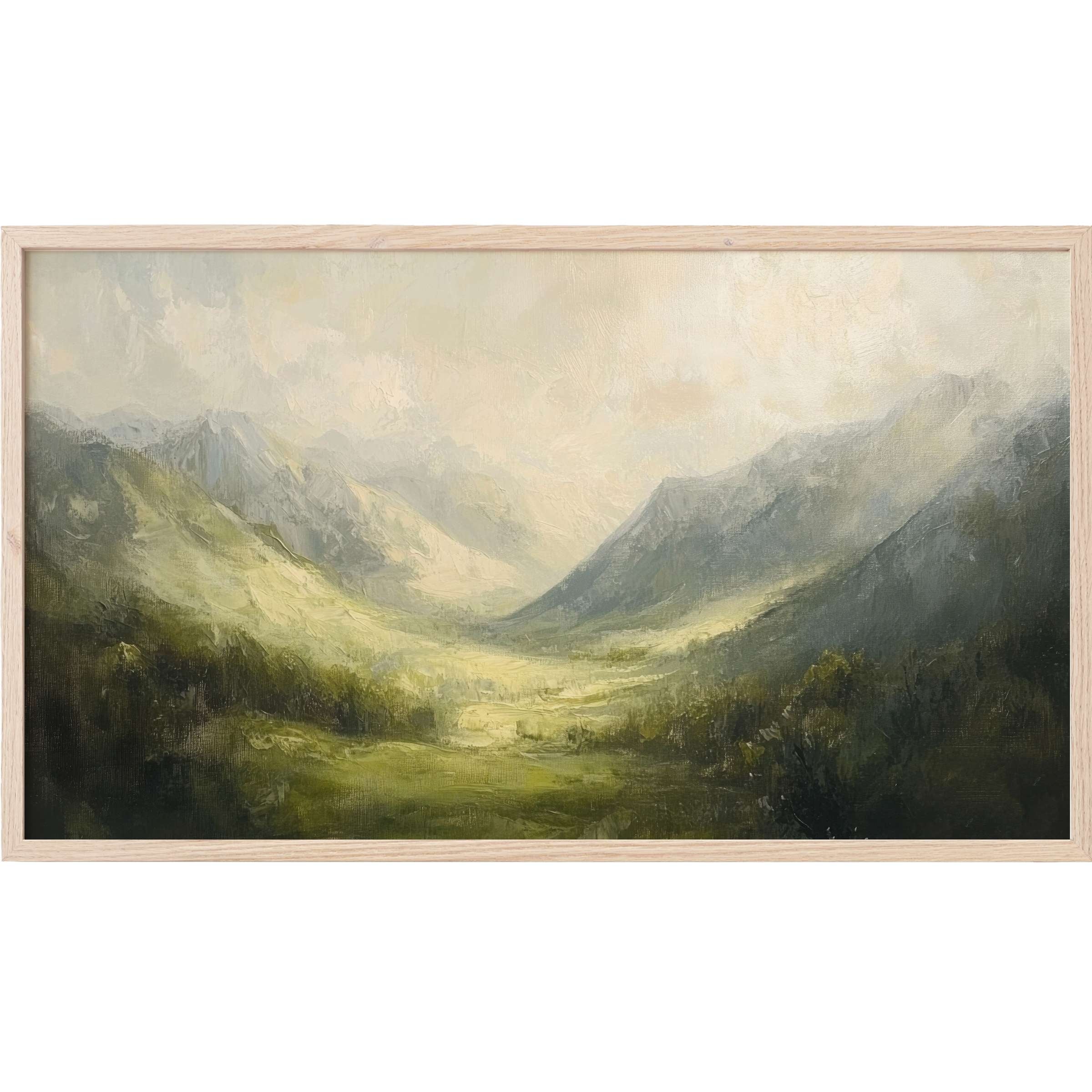 Serene landscape Frame TV Art with soft greens and muted grays in an impressionistic, textured mountain valley scene