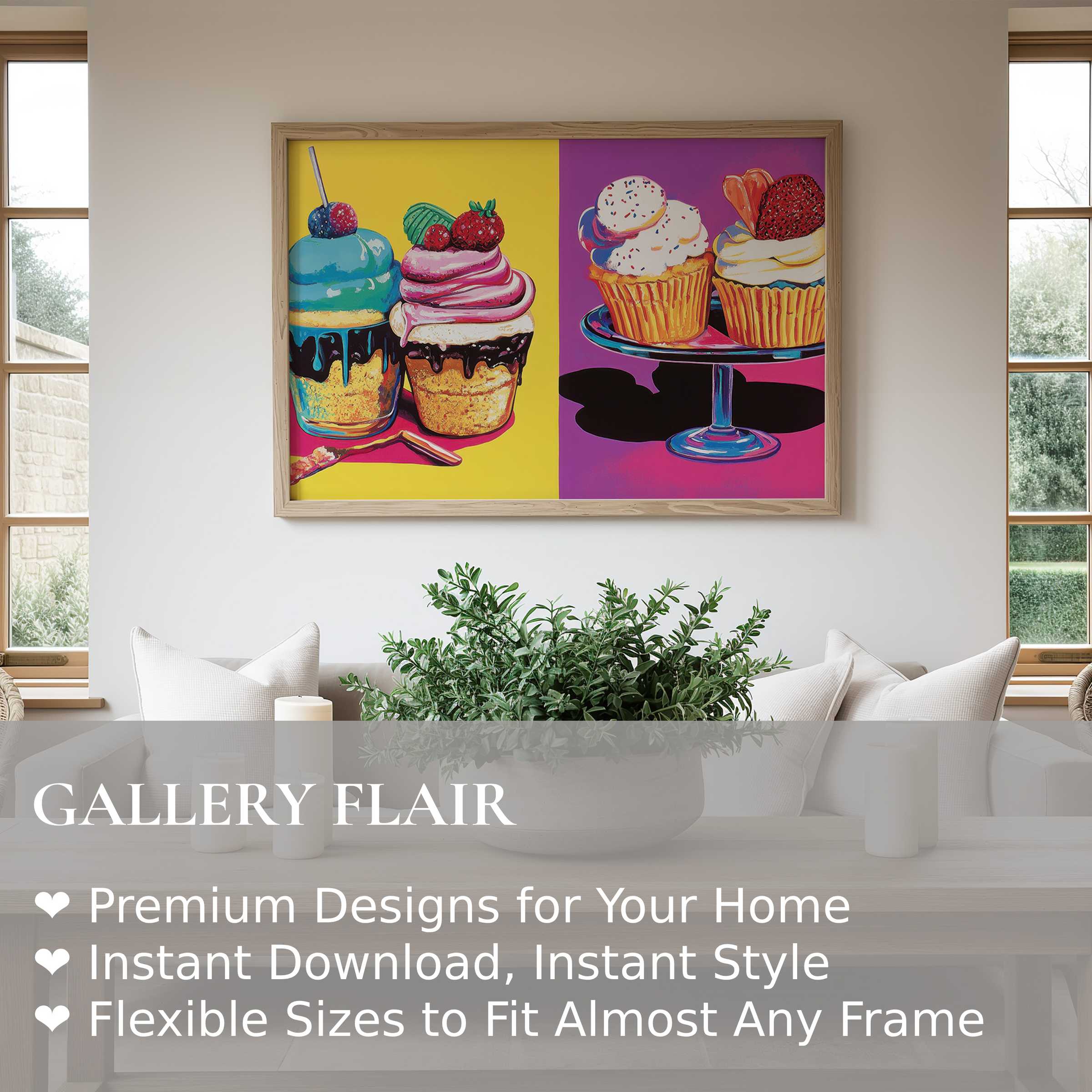 Vibrant pop art wall art print showcasing colorful cupcakes in a modern, minimalist living room, elevating bold decor and playful elegance