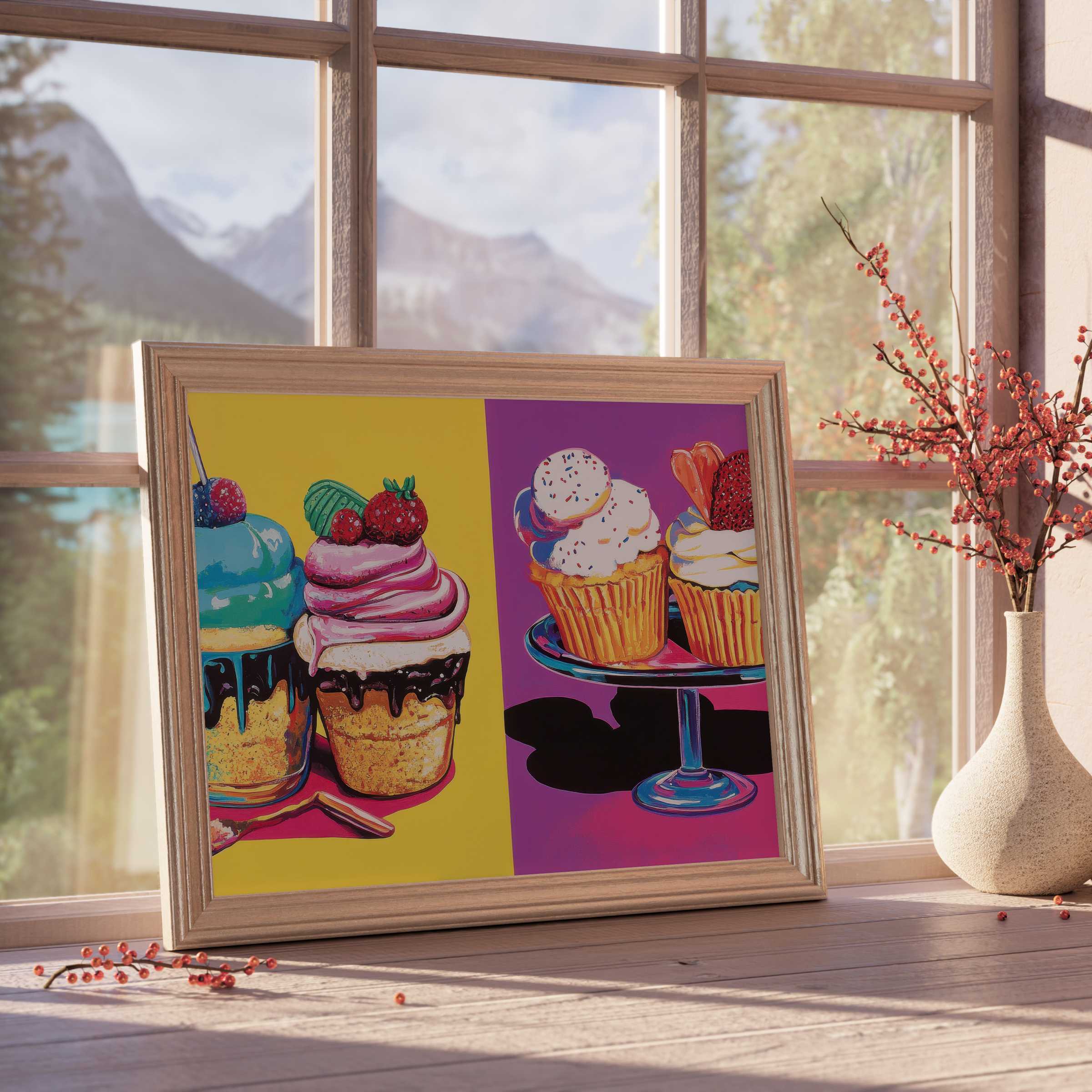 Vibrant pop art downloadable art featuring playful cupcakes in bold hues, perfect for elevating curated, stylish interiors with a joyful, modern flair