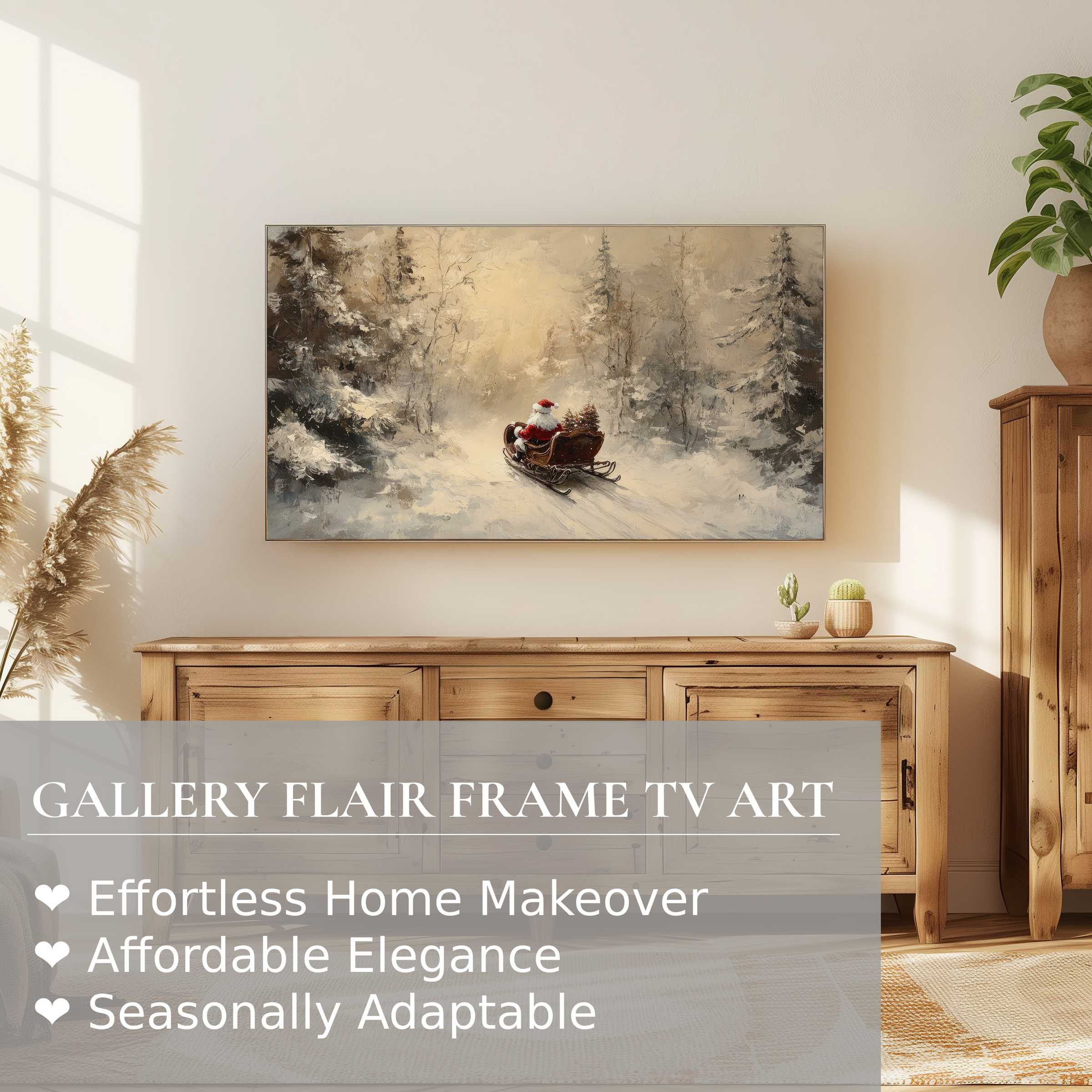 Samsung Frame TV in a cozy modern interior showcases refined christmas digital artwork with soft, muted winter tones