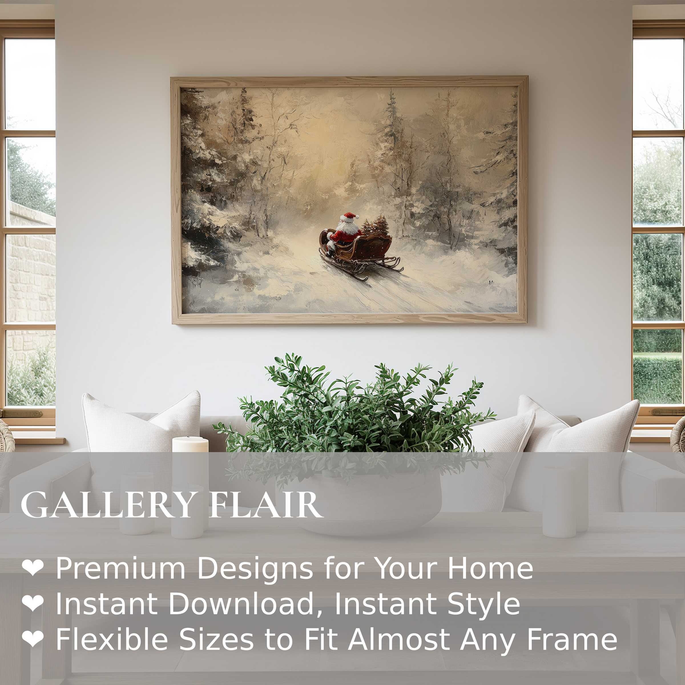 Christmas wall art print capturing a serene Santa sleigh in a soft, snowy forest, elevating modern minimalist interiors with warm holiday charm