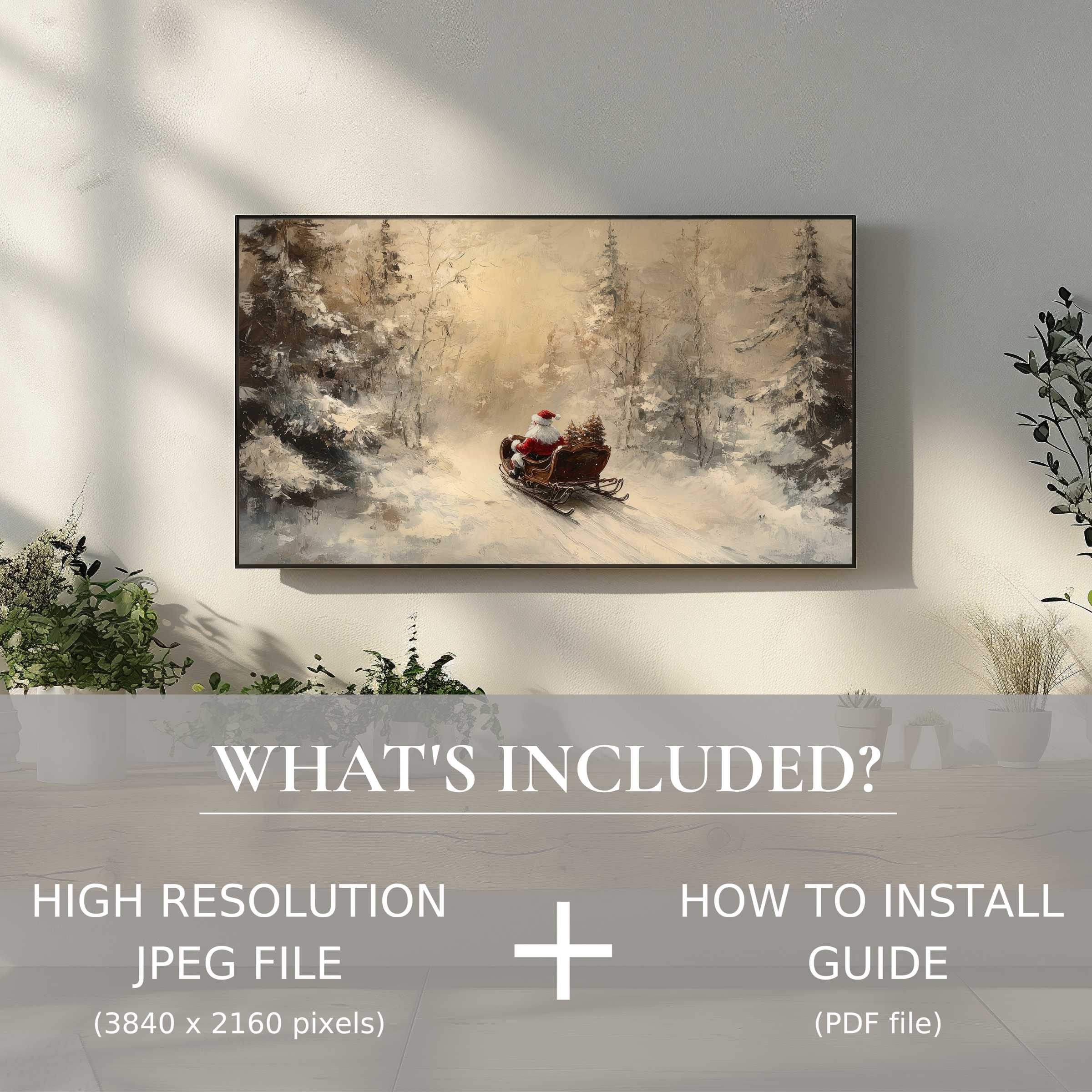 Elegant christmas digital TV art download showcasing Santa's sleigh in a serene winter forest, enhancing modern living spaces